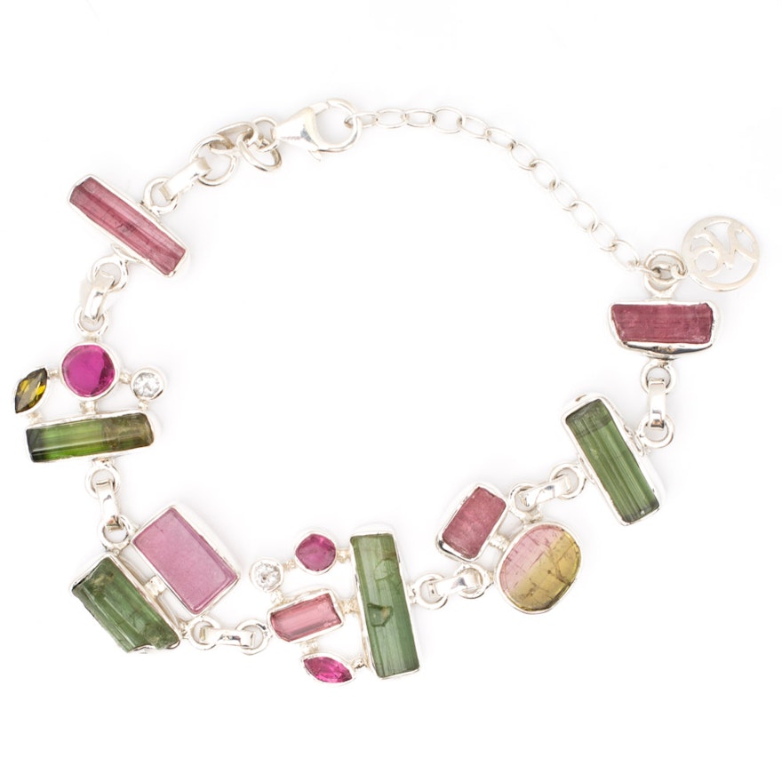 Sterling Silver Green and Pink Tourmaline Bracelet
