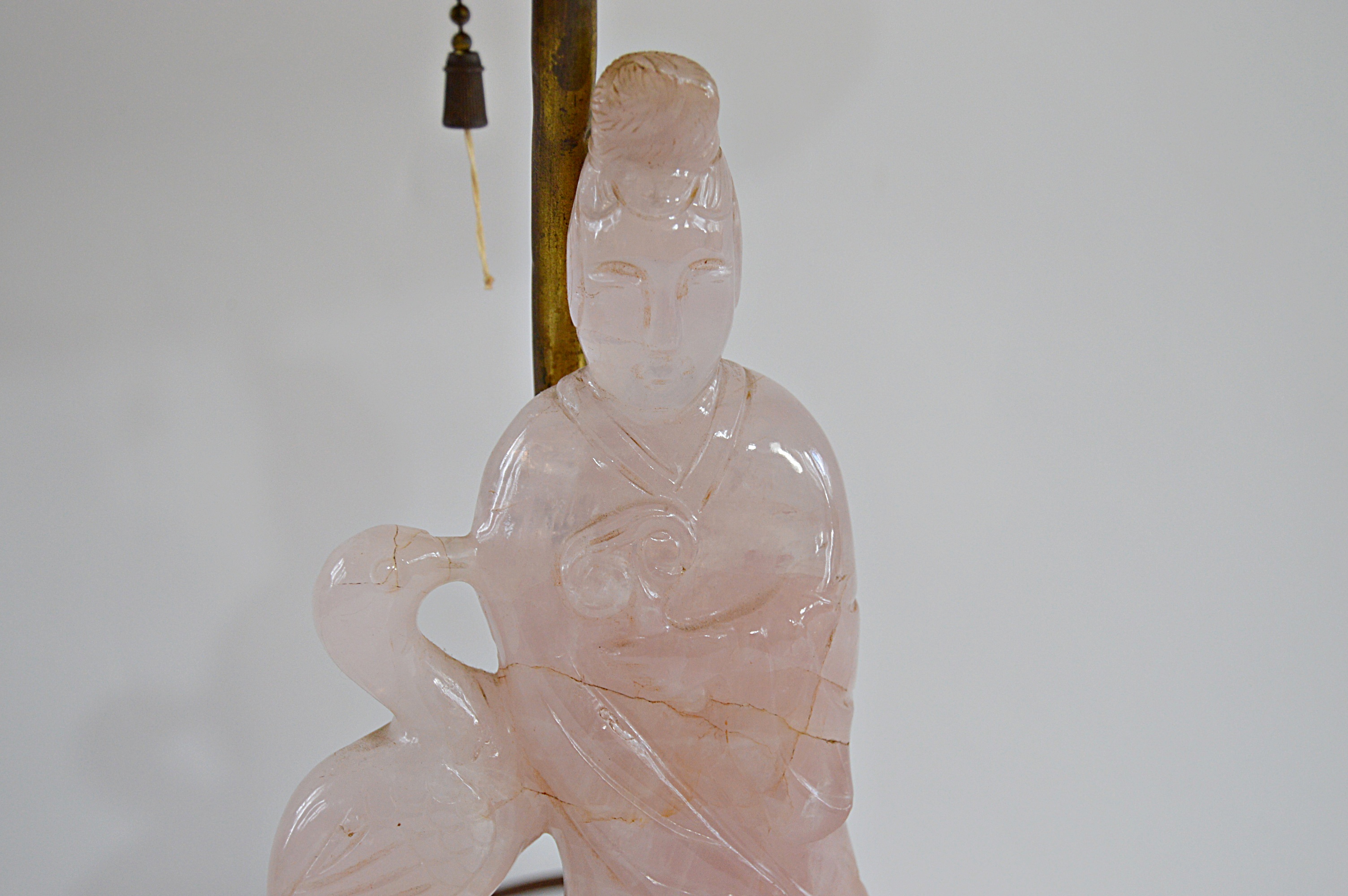 Vintage Chinese Rose Quartz Figural Table Lamp