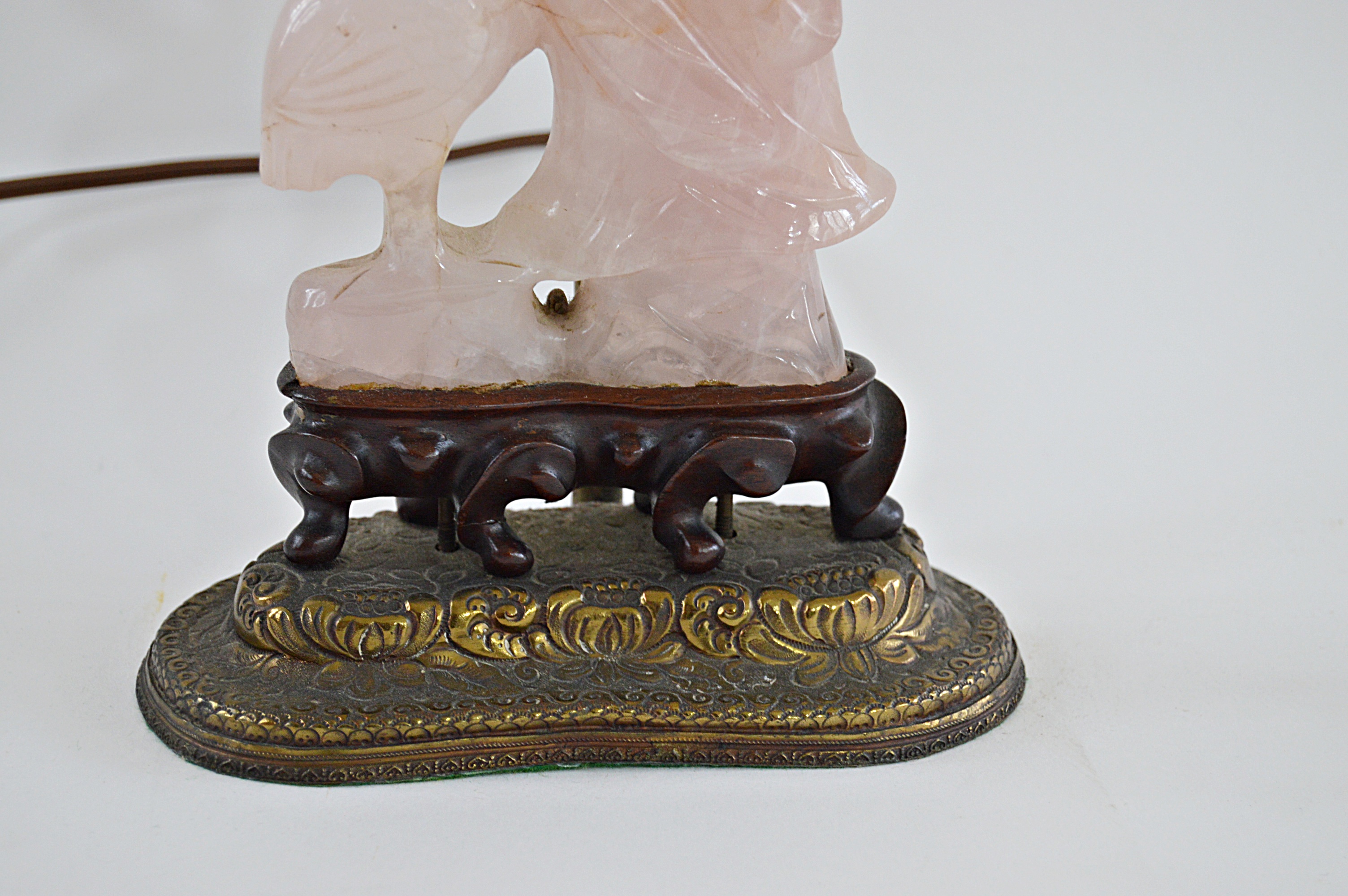 Vintage Chinese Rose Quartz Figural Table Lamp