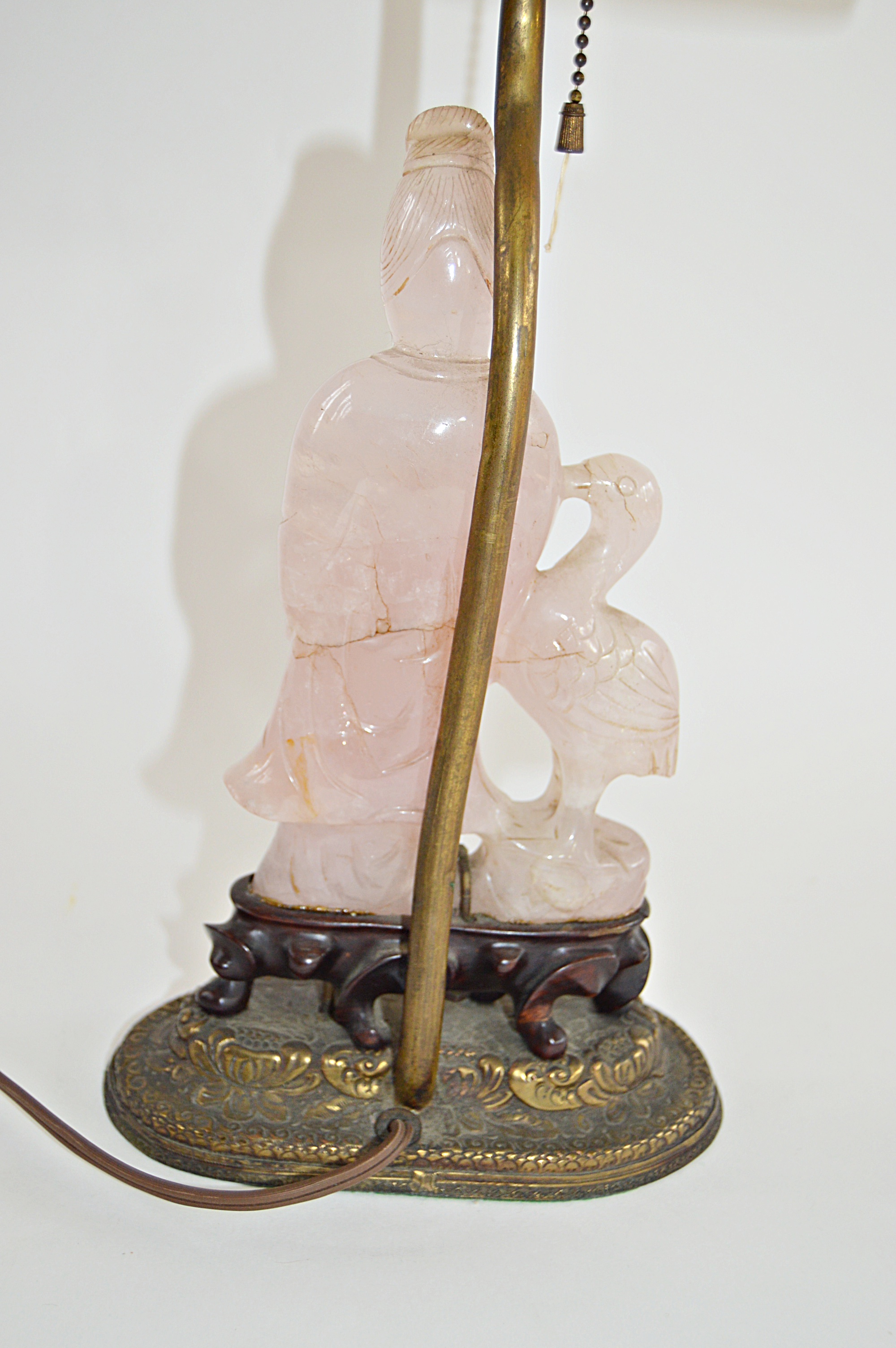 Vintage Chinese Rose Quartz Figural Table Lamp