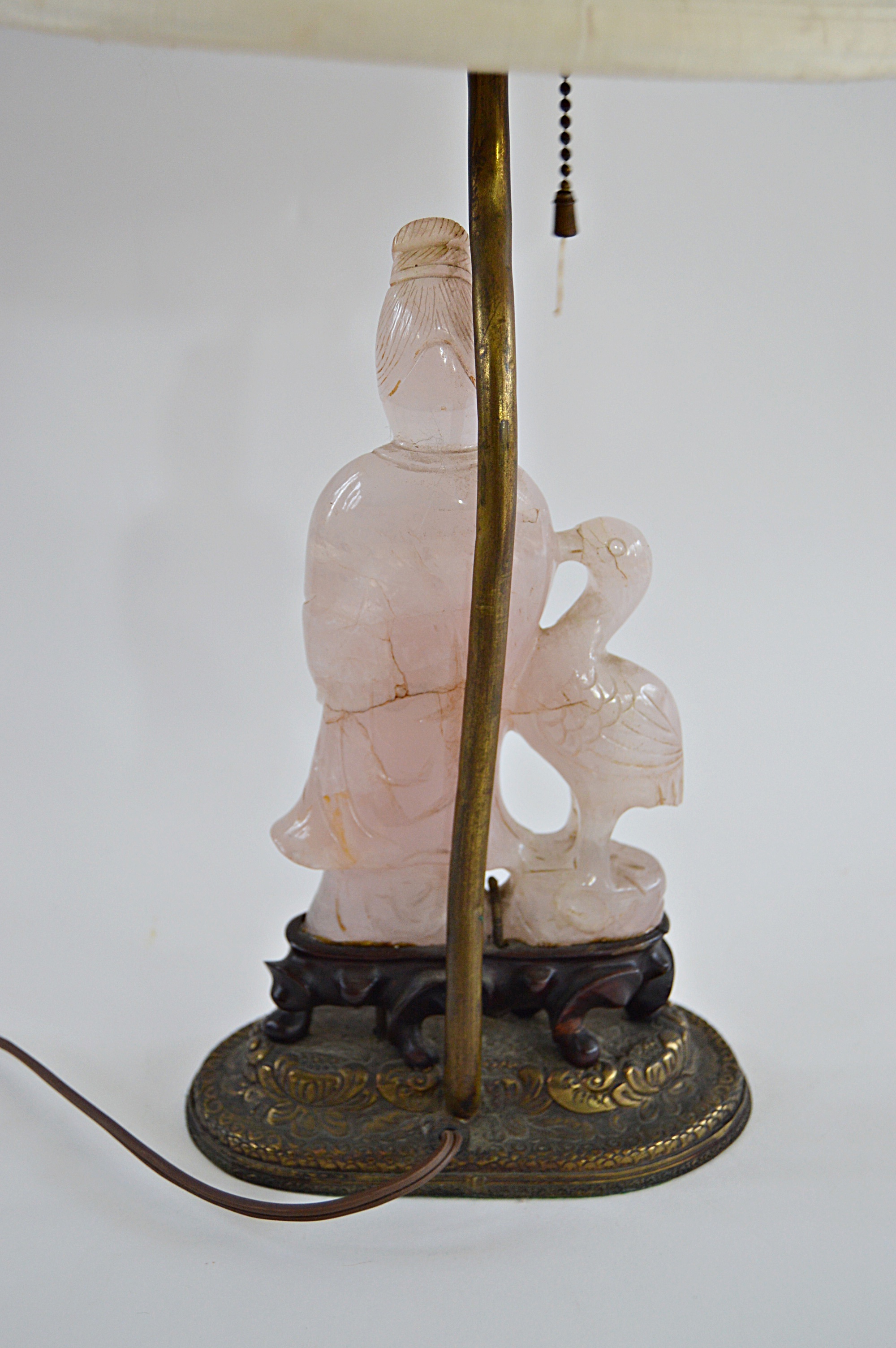 Vintage Chinese Rose Quartz Figural Table Lamp