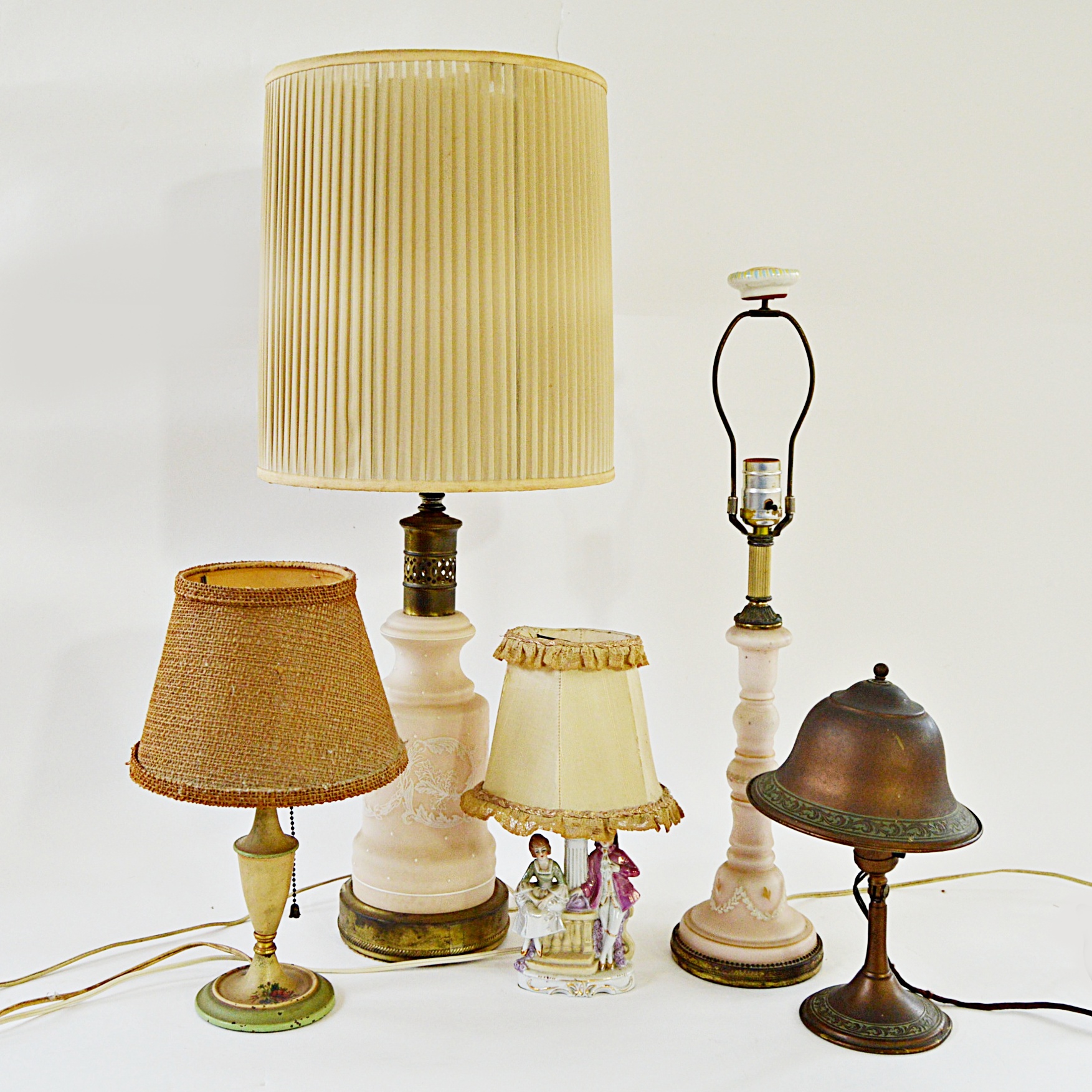 Vintage Lamp Group with Copper Tone, Porcelain, Opaline Glass