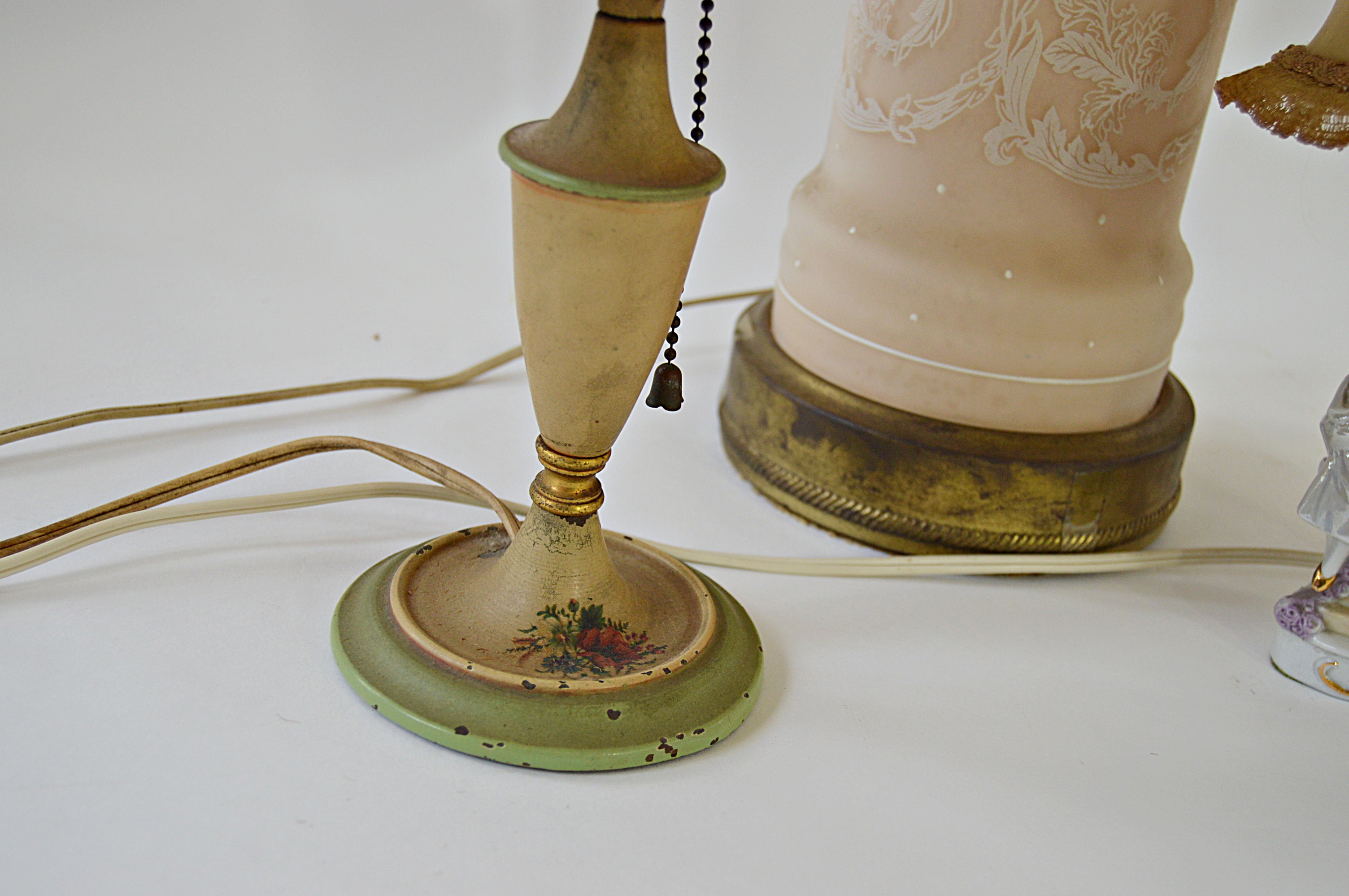 Vintage Lamp Group with Copper Tone, Porcelain, Opaline Glass