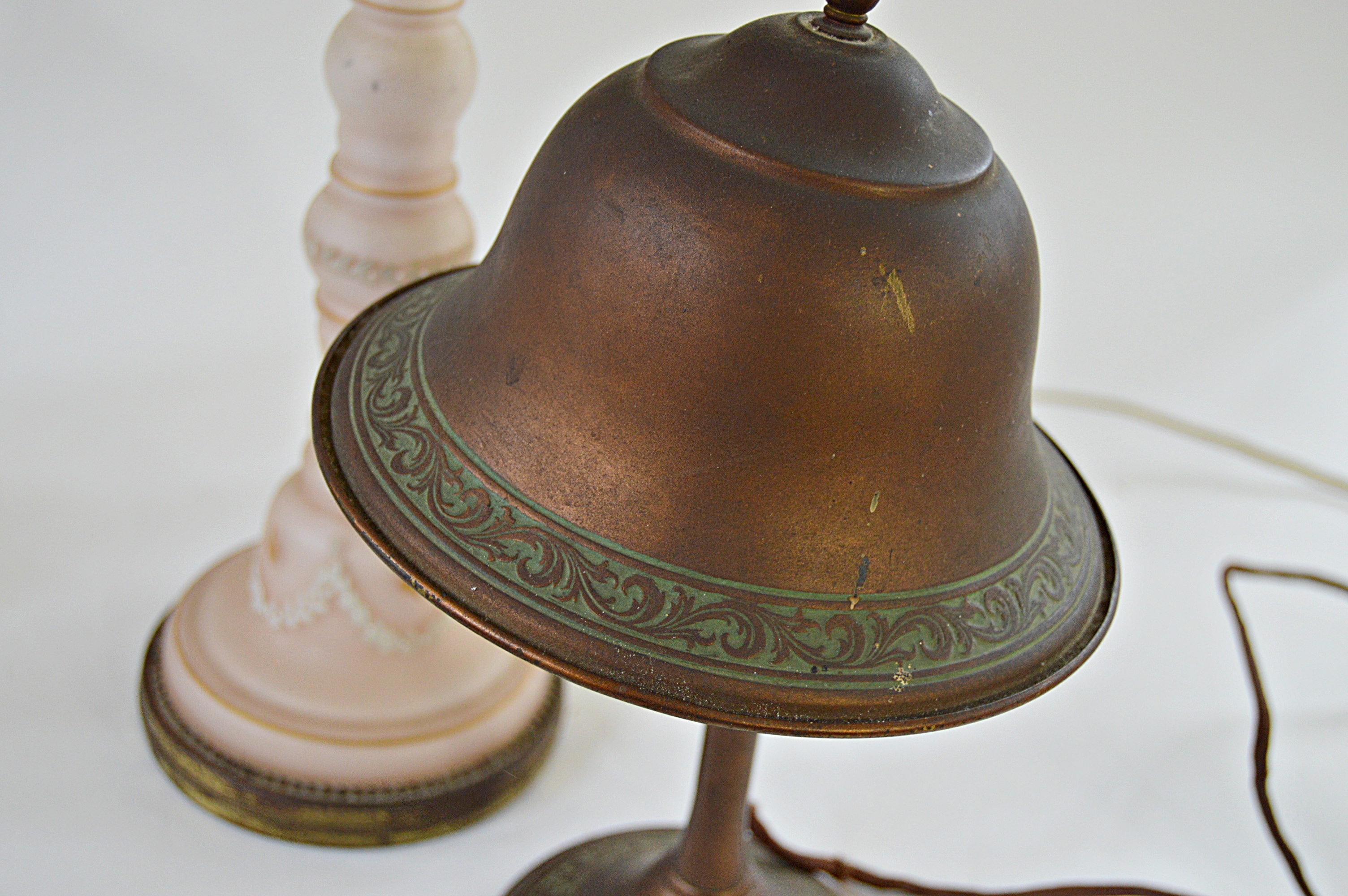 Vintage Lamp Group with Copper Tone, Porcelain, Opaline Glass