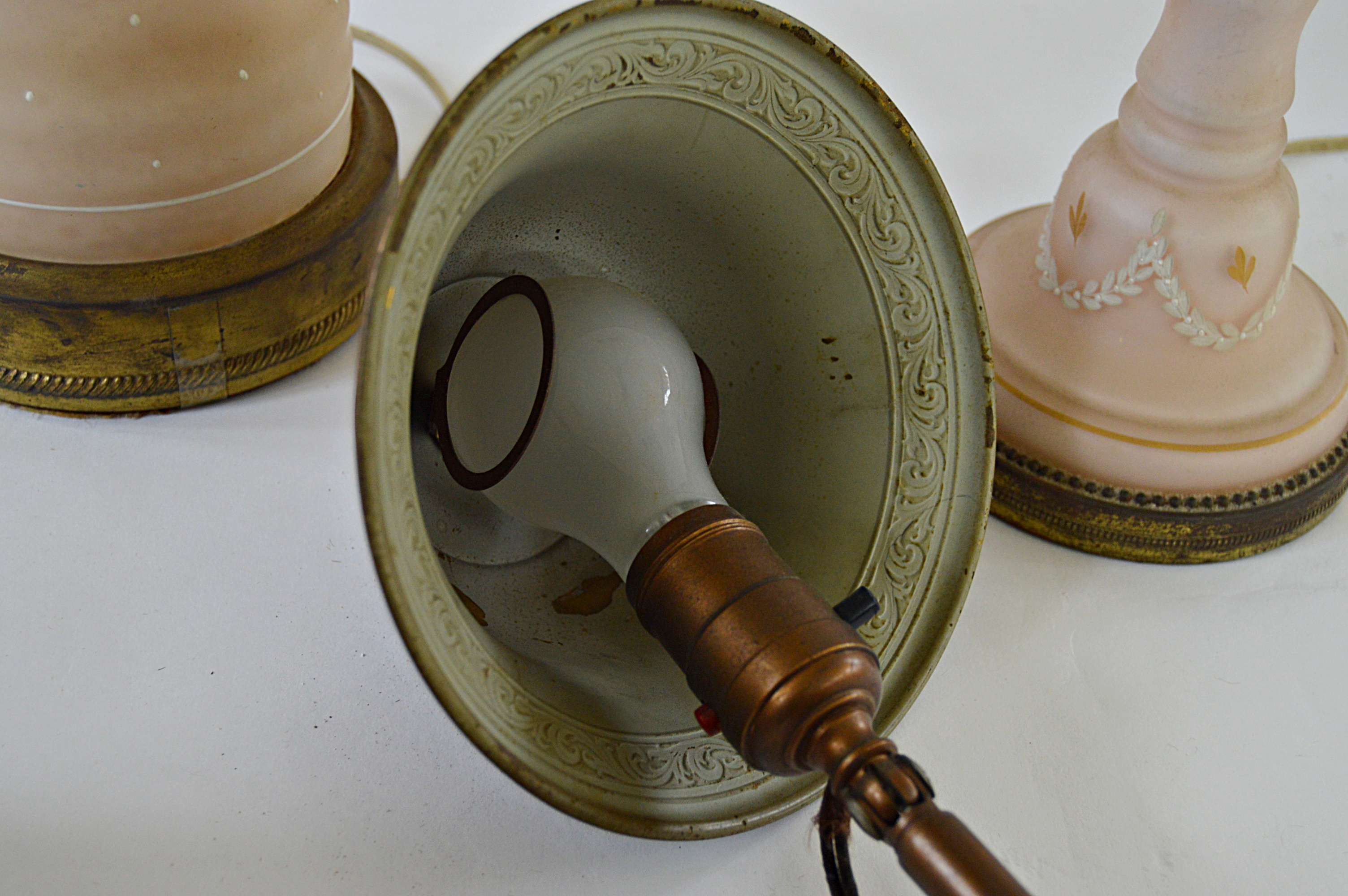 Vintage Lamp Group with Copper Tone, Porcelain, Opaline Glass