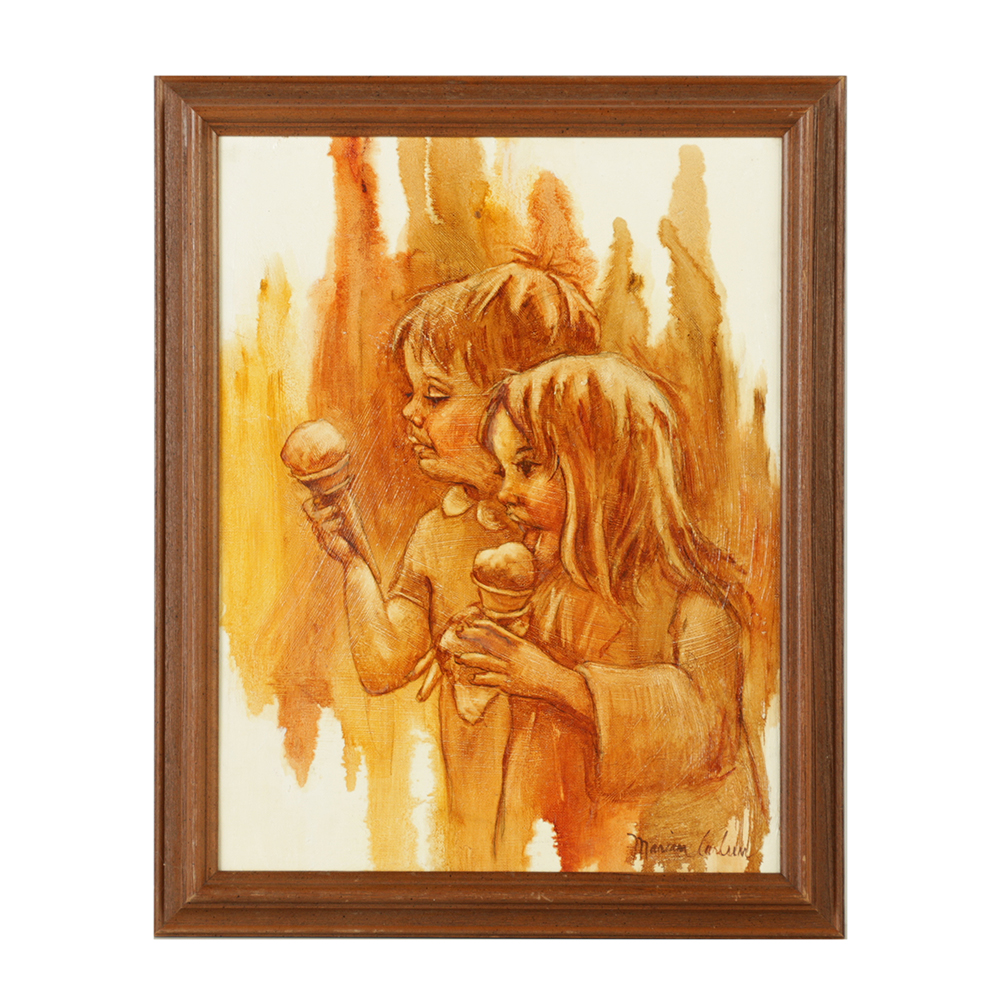 Marian Carlsen Painting on Canvas Board of Children with Ice Cream