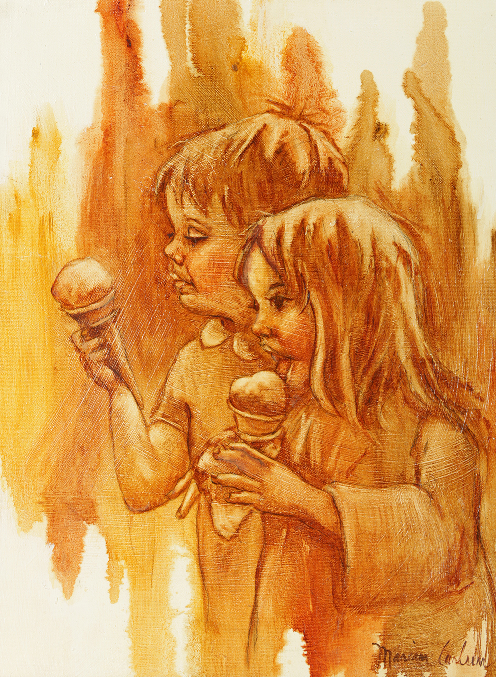 Marian Carlsen Painting on Canvas Board of Children with Ice Cream