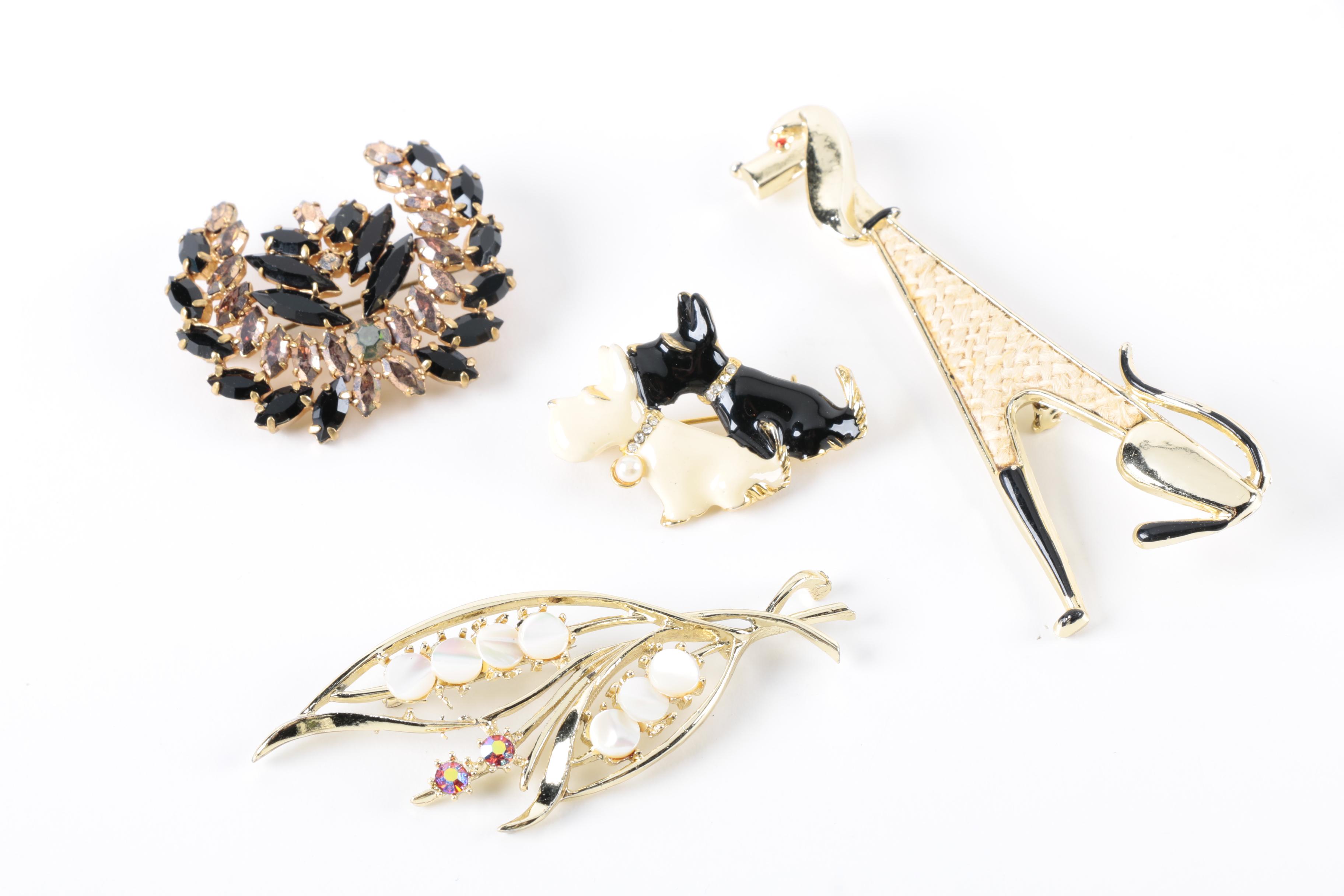 Vintage Costume Jewelry with Enamel, Mother of Pearl, and Glass Stones