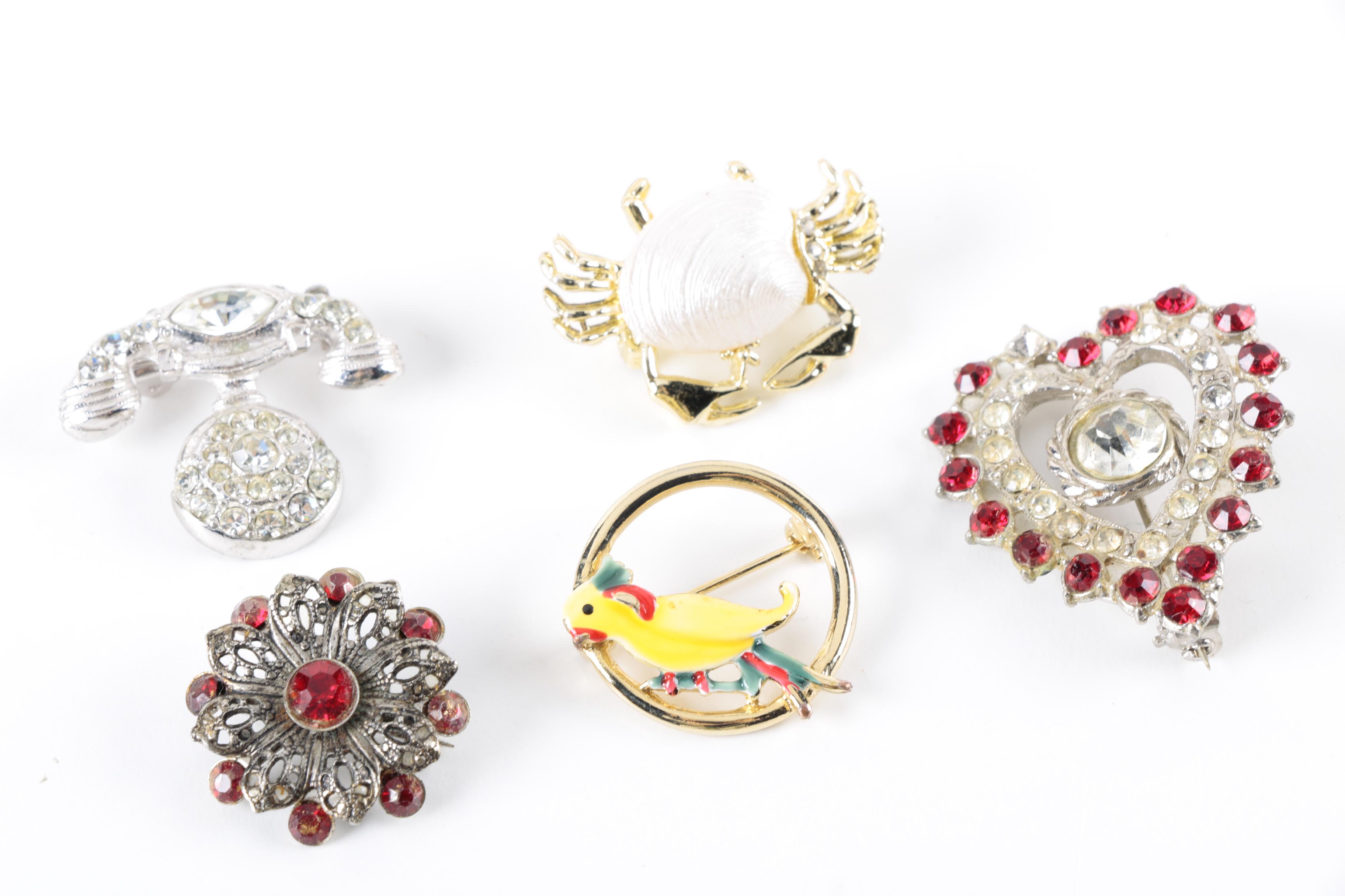 Vintage Costume Jewelry with Enamel, Mother of Pearl, and Glass Stones