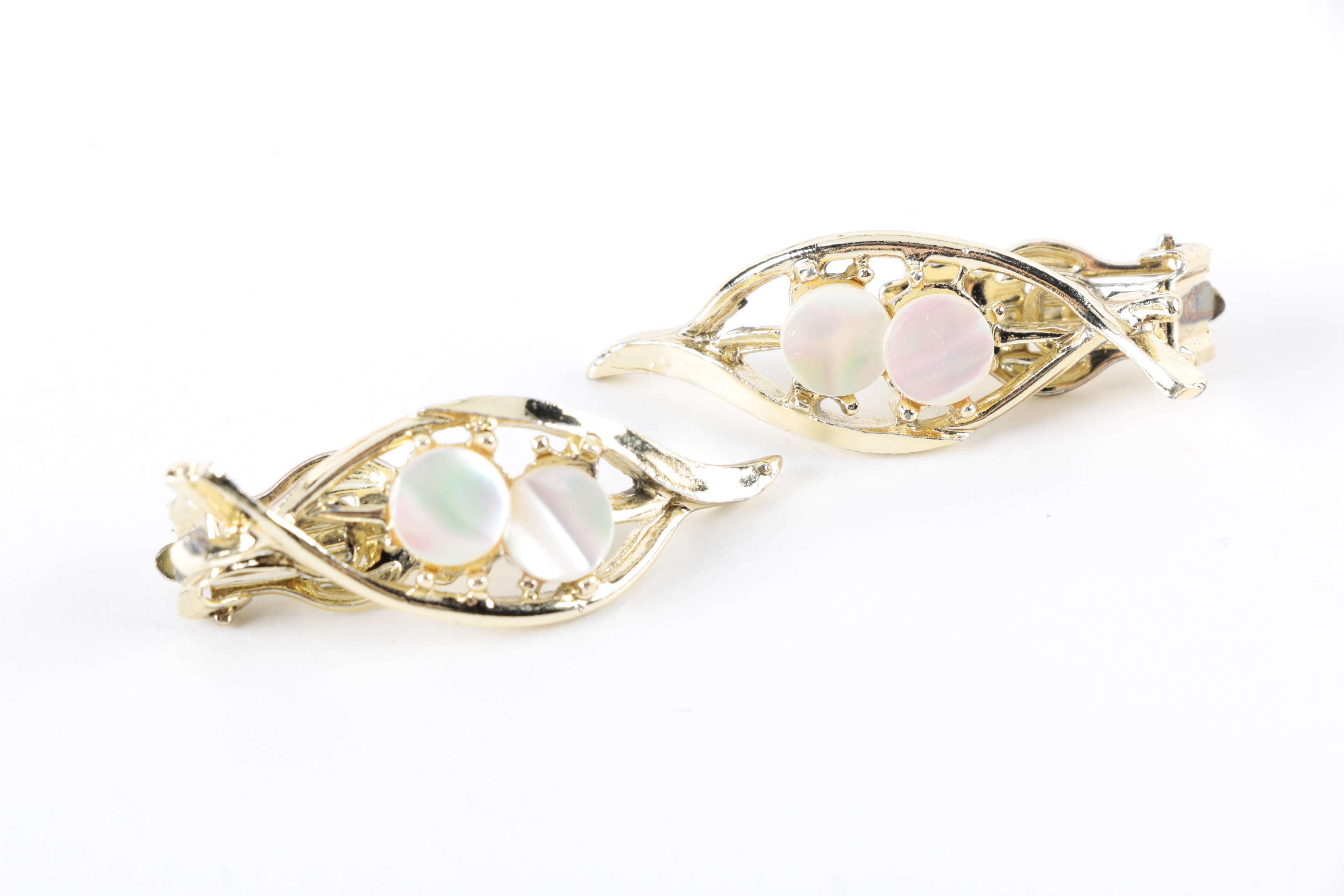 Vintage Costume Jewelry with Enamel, Mother of Pearl, and Glass Stones