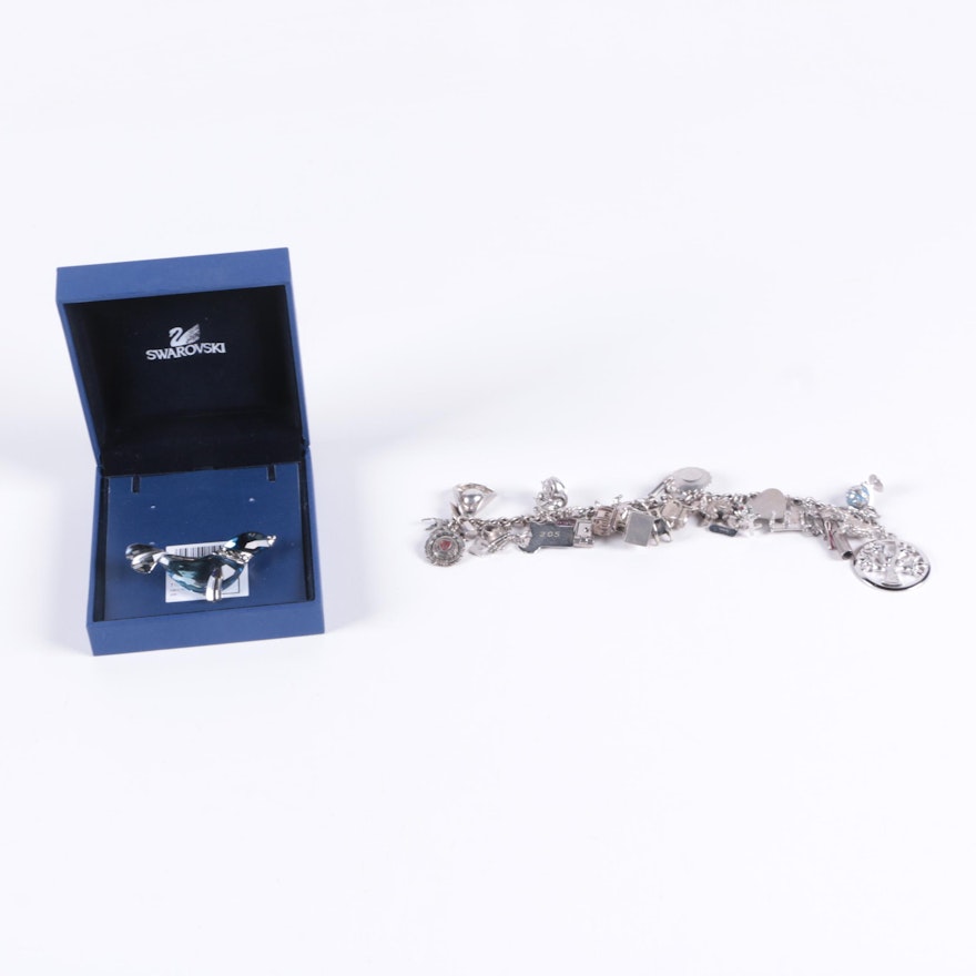 Swarovski Crystal Seal Brooch and Sterling Silver Charm Bracelet