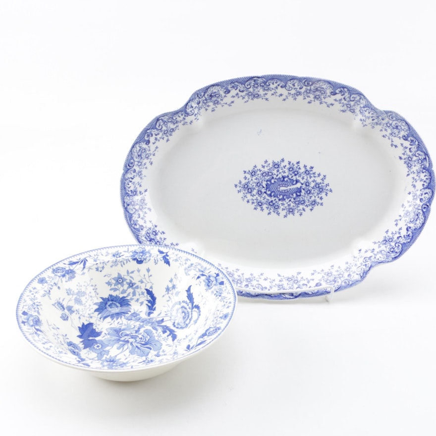Blue Transferware Ceramic Platter and Bowl