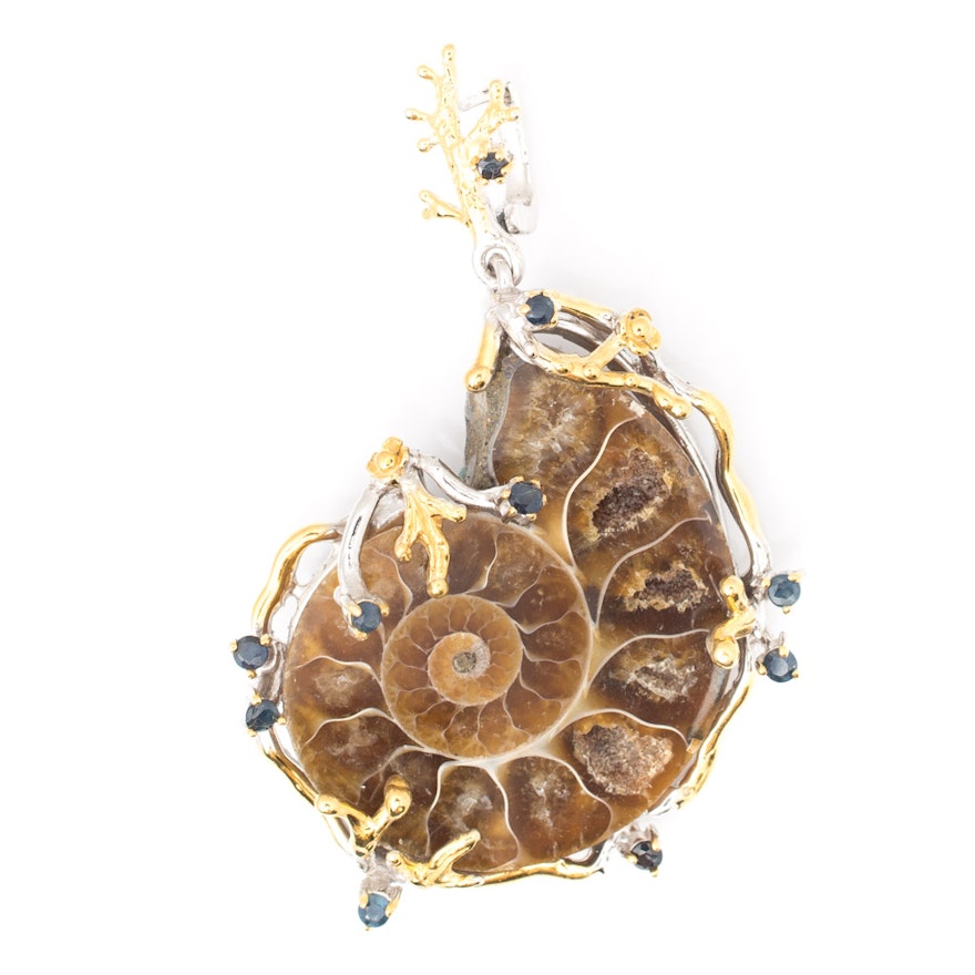 Sterling Silver Ammonite and Sapphire Pendant