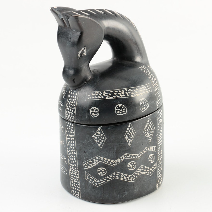 Carved Black Soapstone Box with Figural Lid
