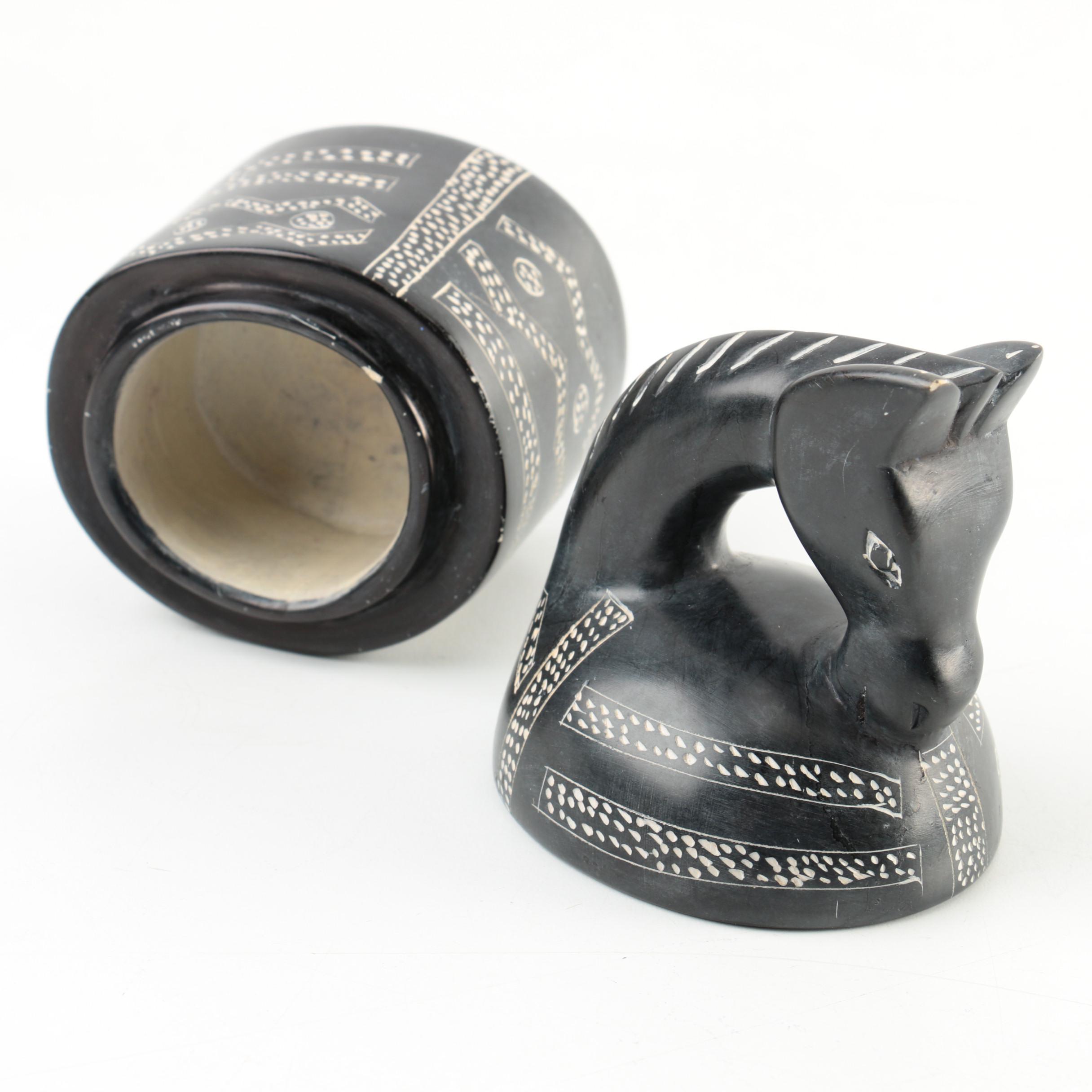 Carved Black Soapstone Box with Figural Lid