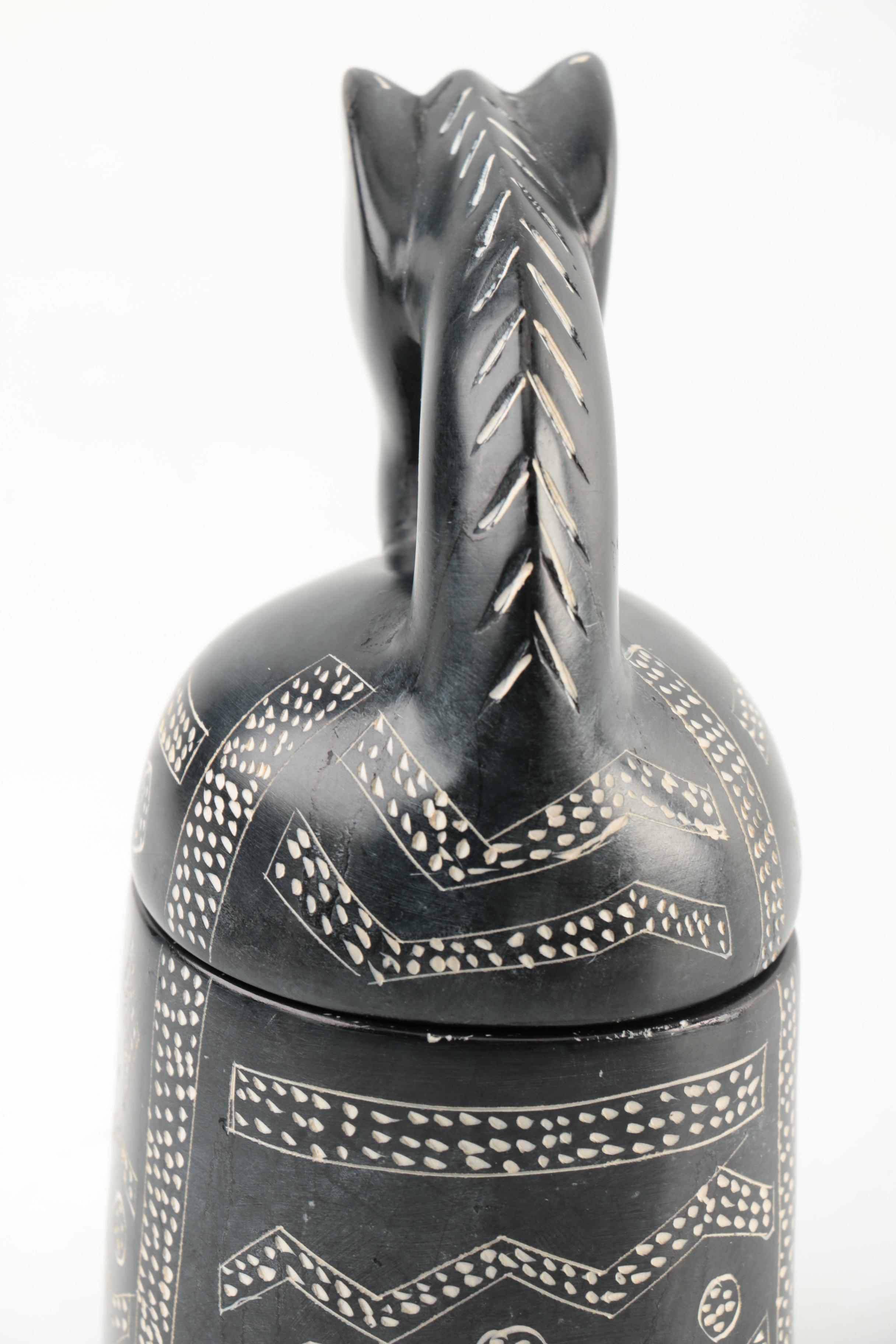 Carved Black Soapstone Box with Figural Lid