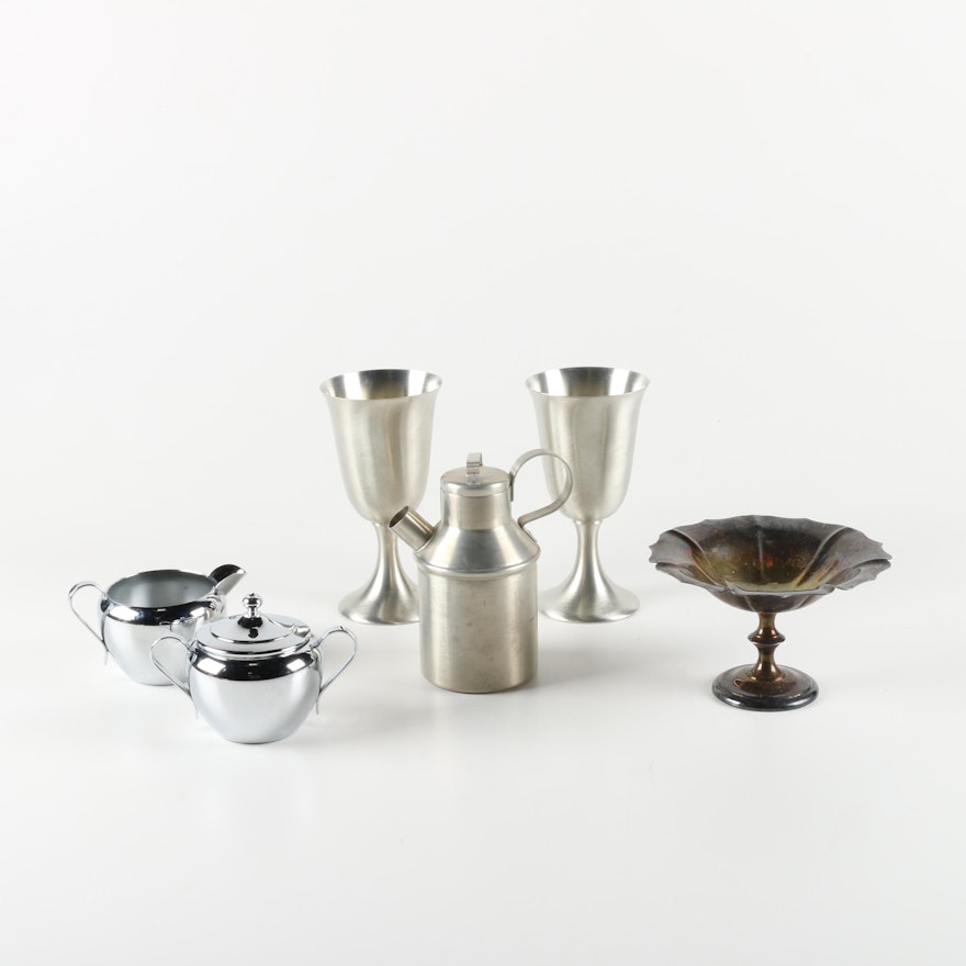 Assortment of Pewter, Silver Plate, and Chrome Plate Tableware