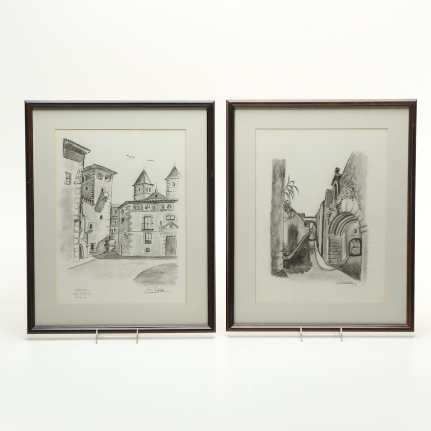 Two Charcoal Drawings of Cityscapes