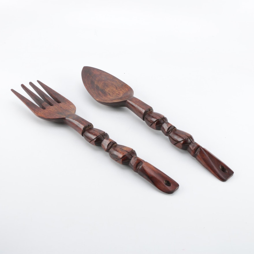 Tribal Style Carved  Wood Fork and Spoon Decor