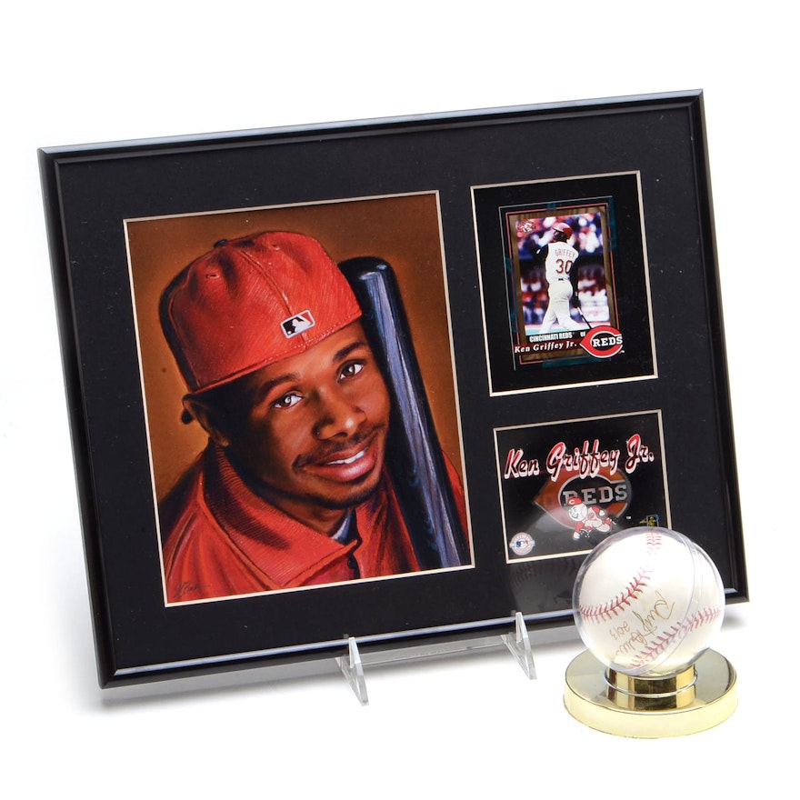 Dusty Baker Signed MLB Baseball and Framed Ken Griffey Jr. Toon Art Display