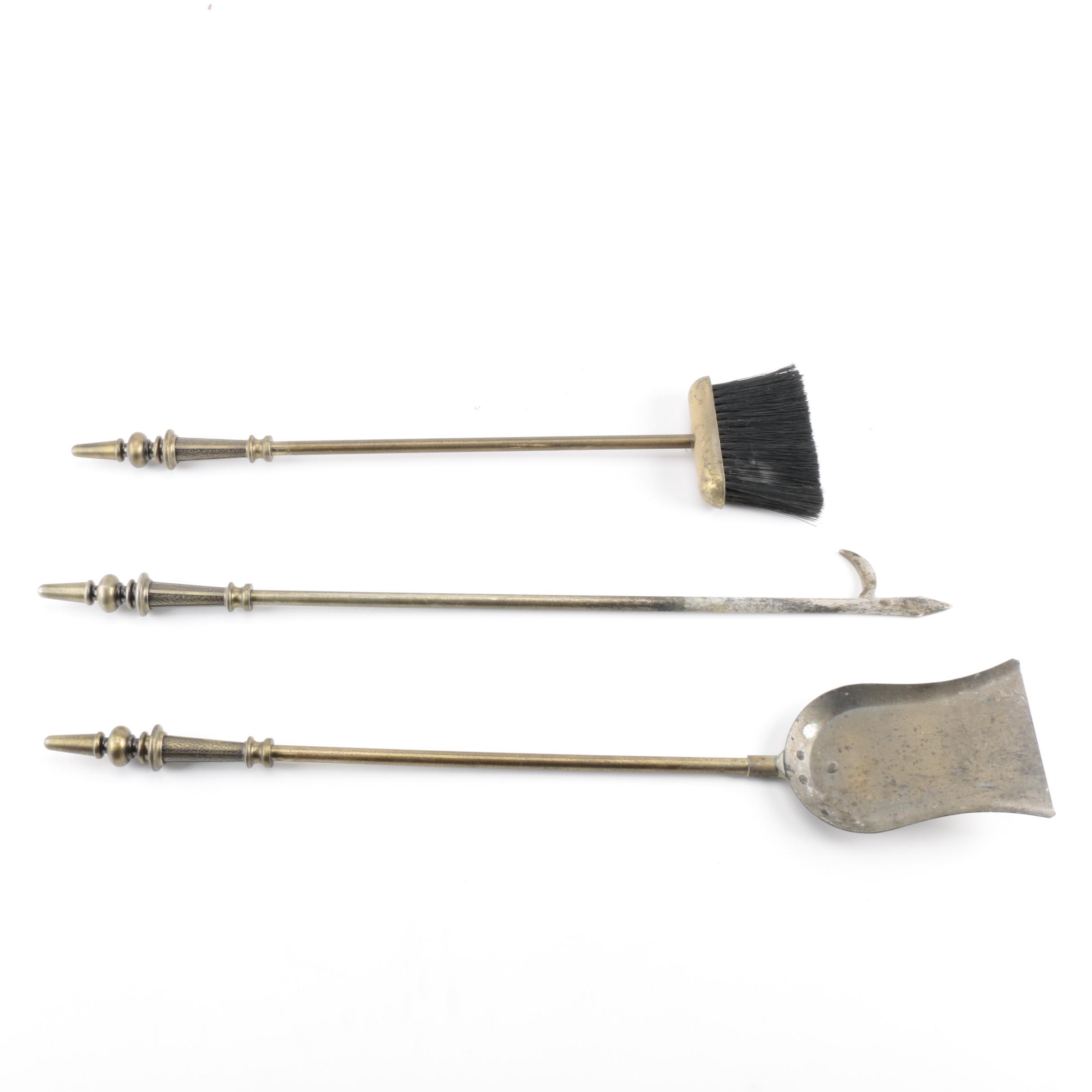 Brass-Tone and Gray Metal Fireplace Tool Set