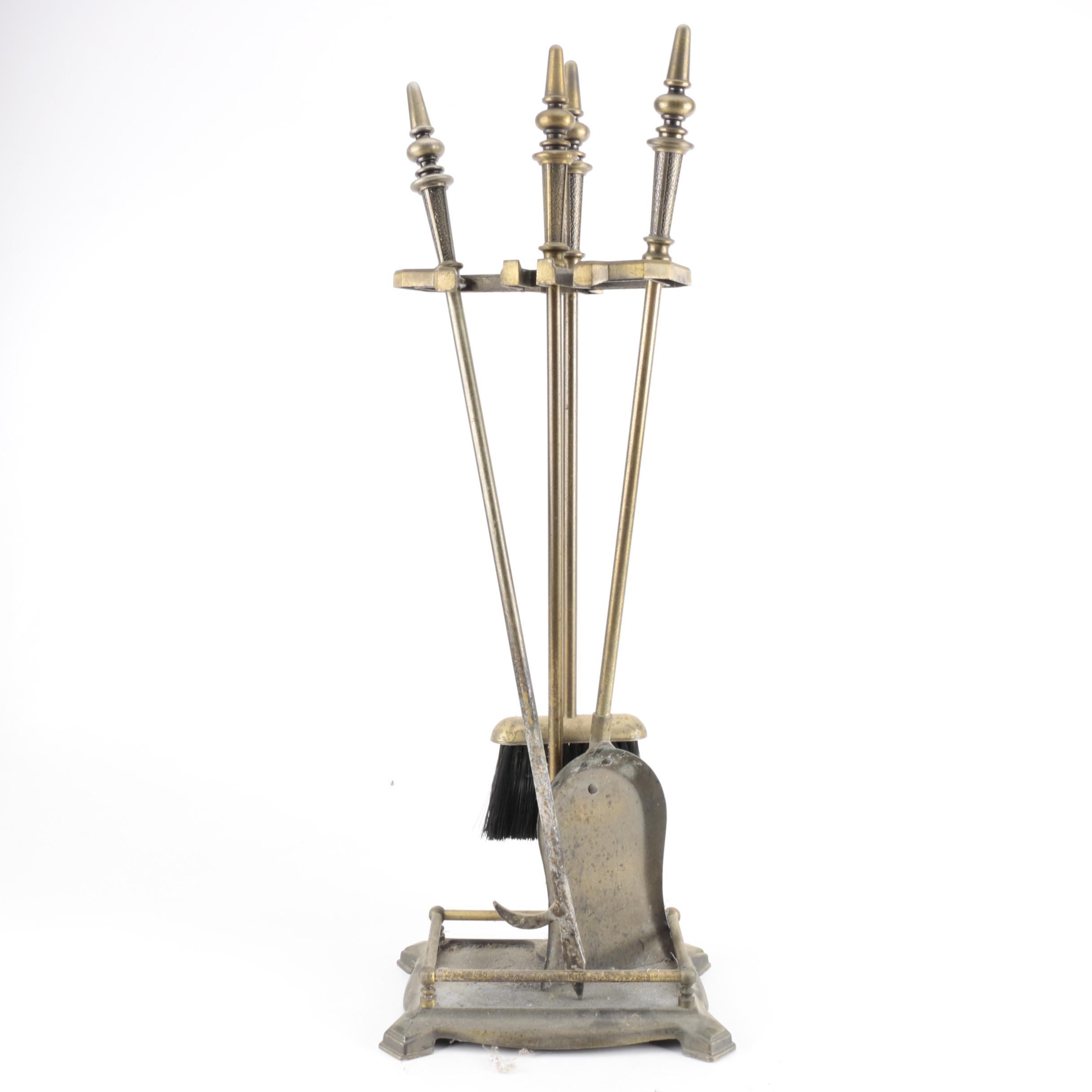 Brass-Tone and Gray Metal Fireplace Tool Set