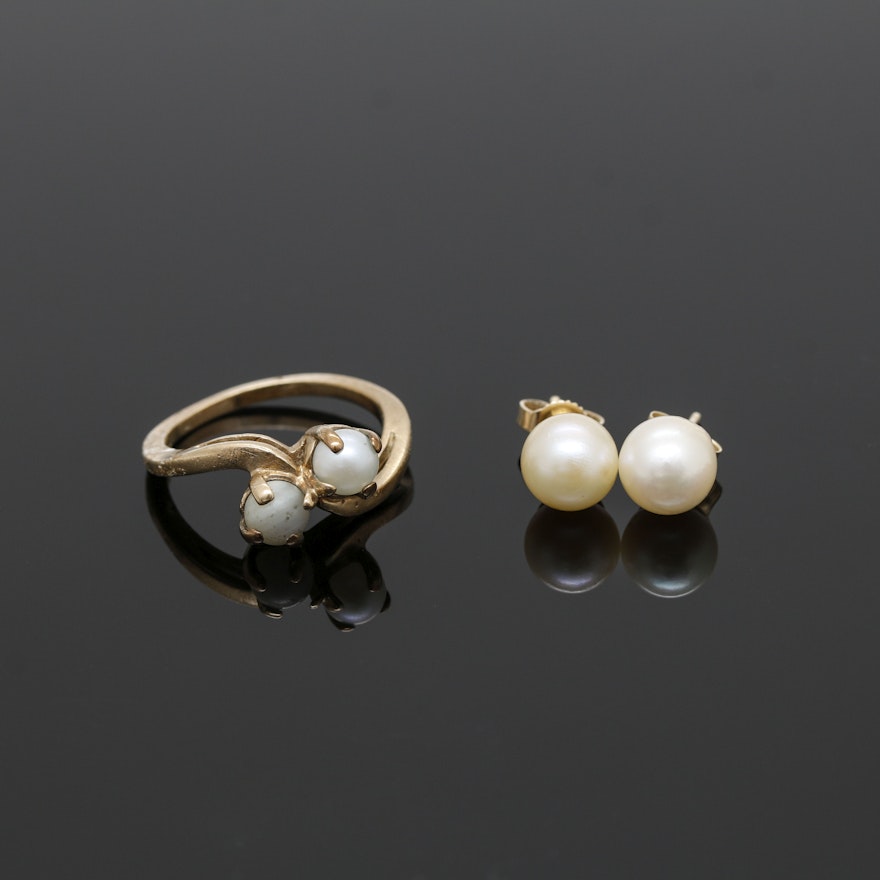 10K Yellow Gold Cultured Pearl Ring and Earrings With 14K Gold Findings