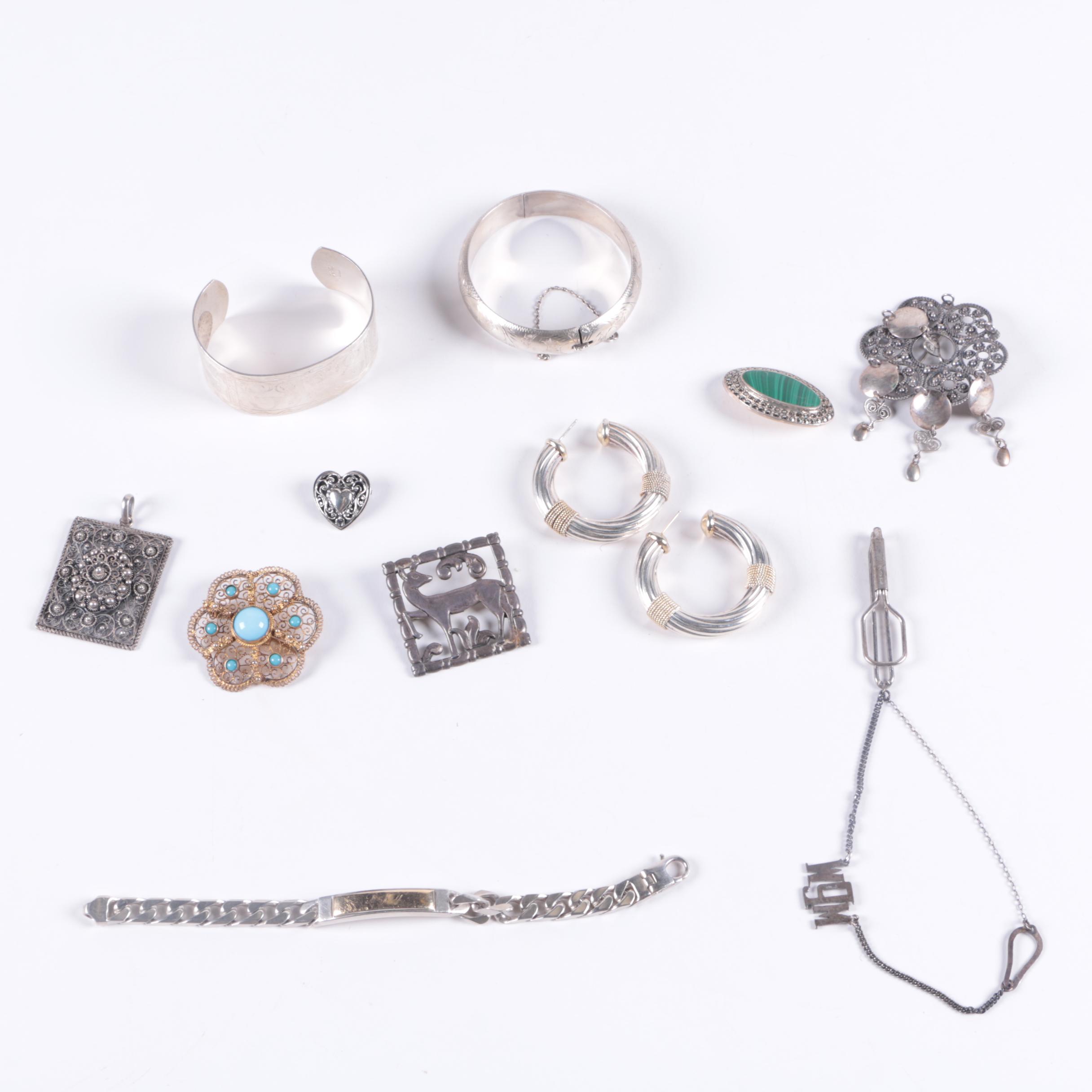 Selection of Sterling Silver Jewelry Including a Norwegian Brooch