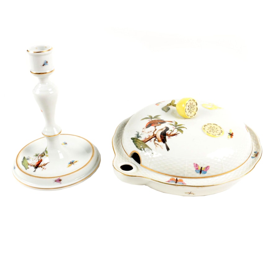 Vintage Herend "Rothschild Bird" Porcelain Warming Dish and Candlestick