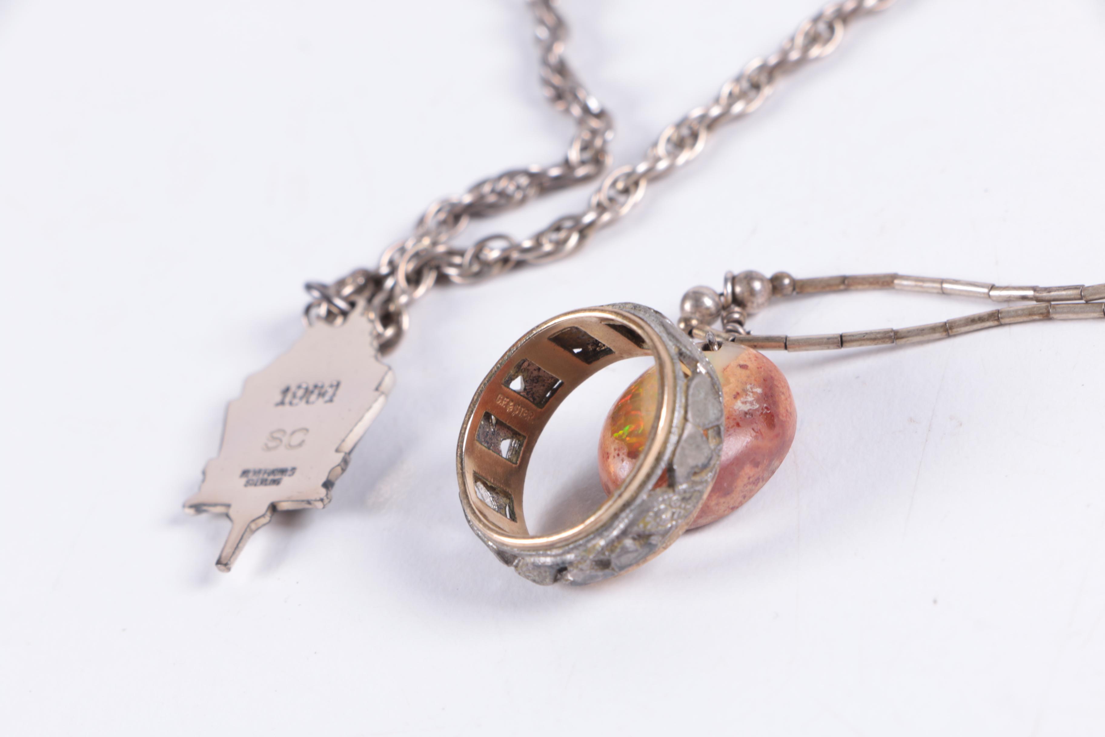 Vintage Sterling Silver Pendant Necklaces and Ring Featuring Boulder Opal