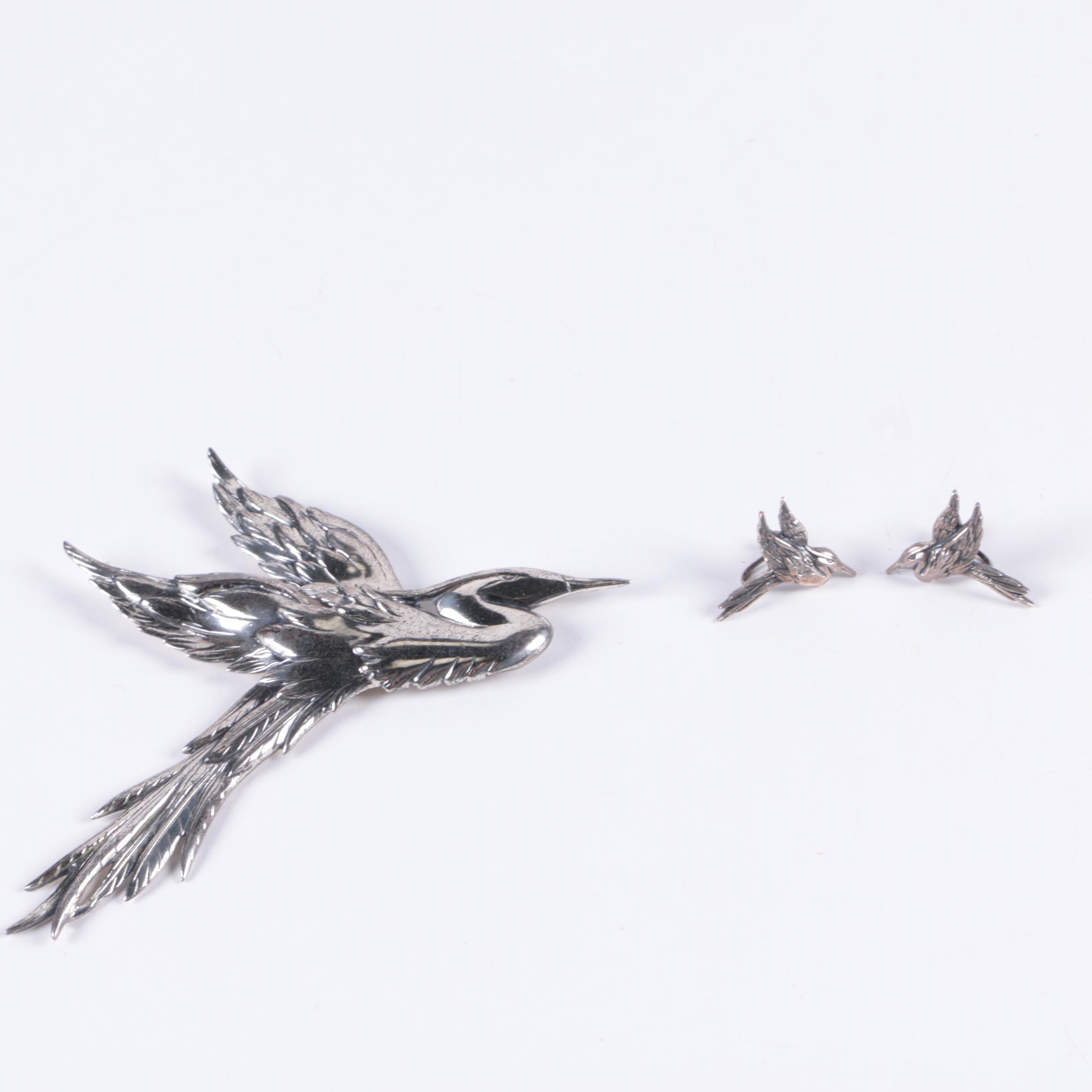 Danecraft Sterling Silver Phoenix Brooch and Screw Back Earrings