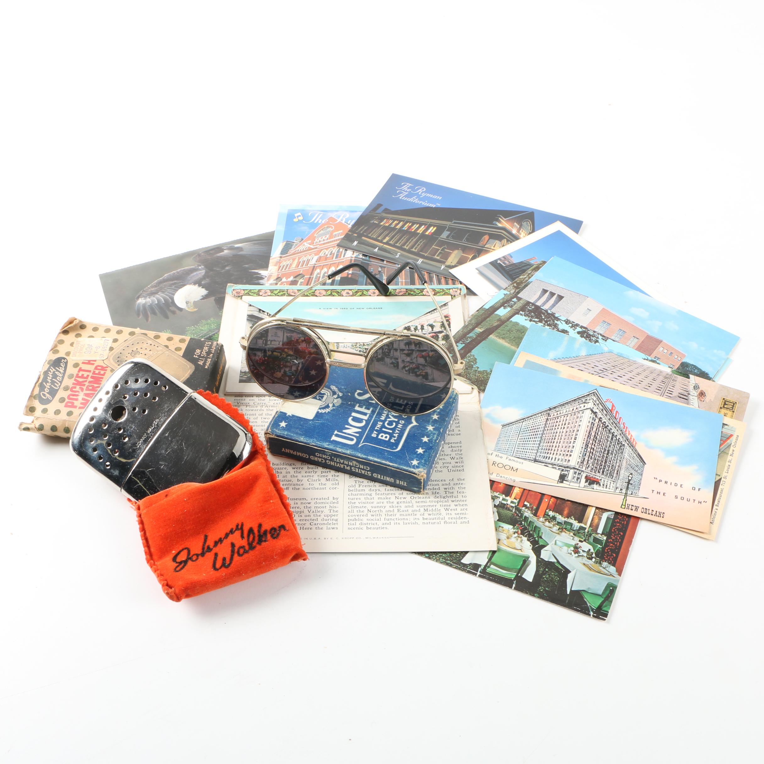 Vintage Post Cards, Playing Cards, Sunglasses and Johnny Walker Pocket Warmer