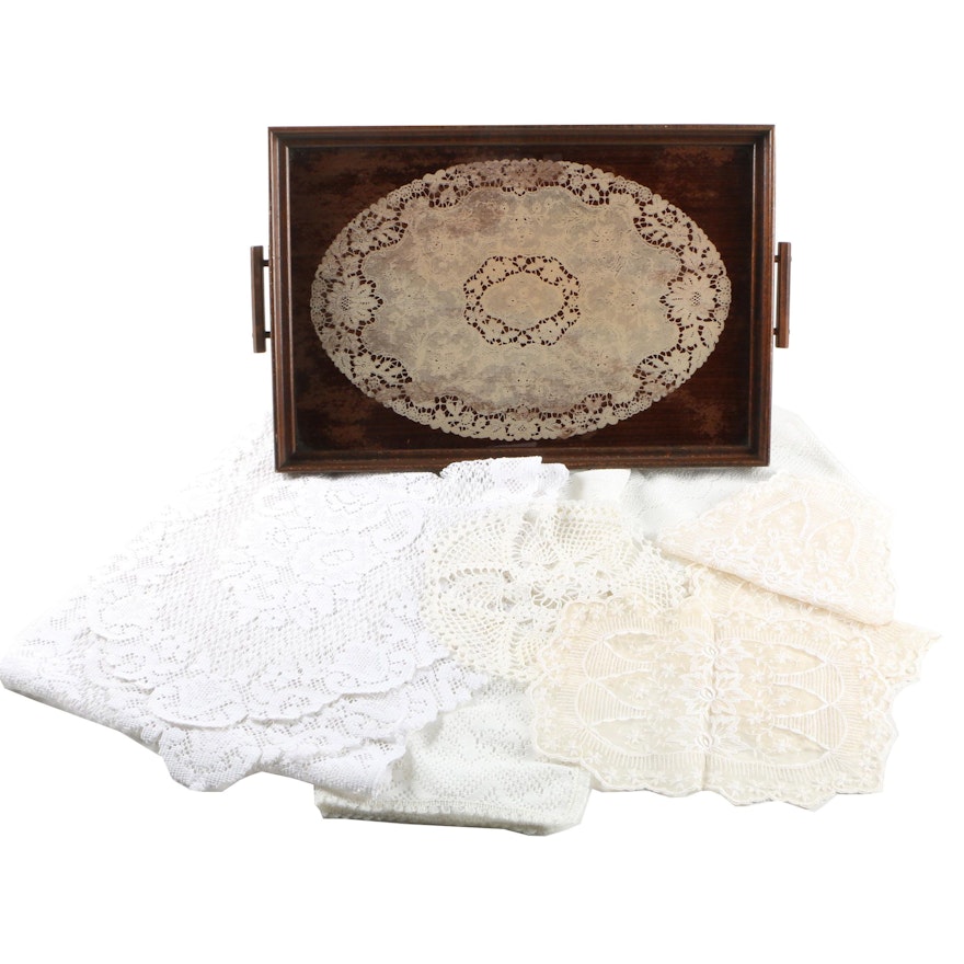 Wood and Glass Tray with Lace