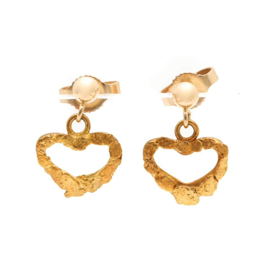 14K Yellow Gold Heart Drop Earrings