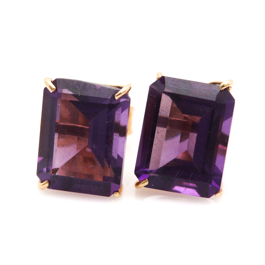 14K Yellow Gold Amethyst Stud Earrings