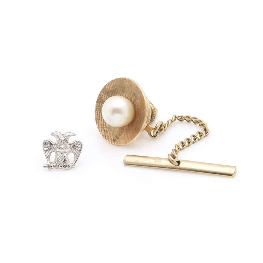 14K Yellow Gold Cultured Pearl Tie Tac and 14K White Gold Diamond Lapel Pin