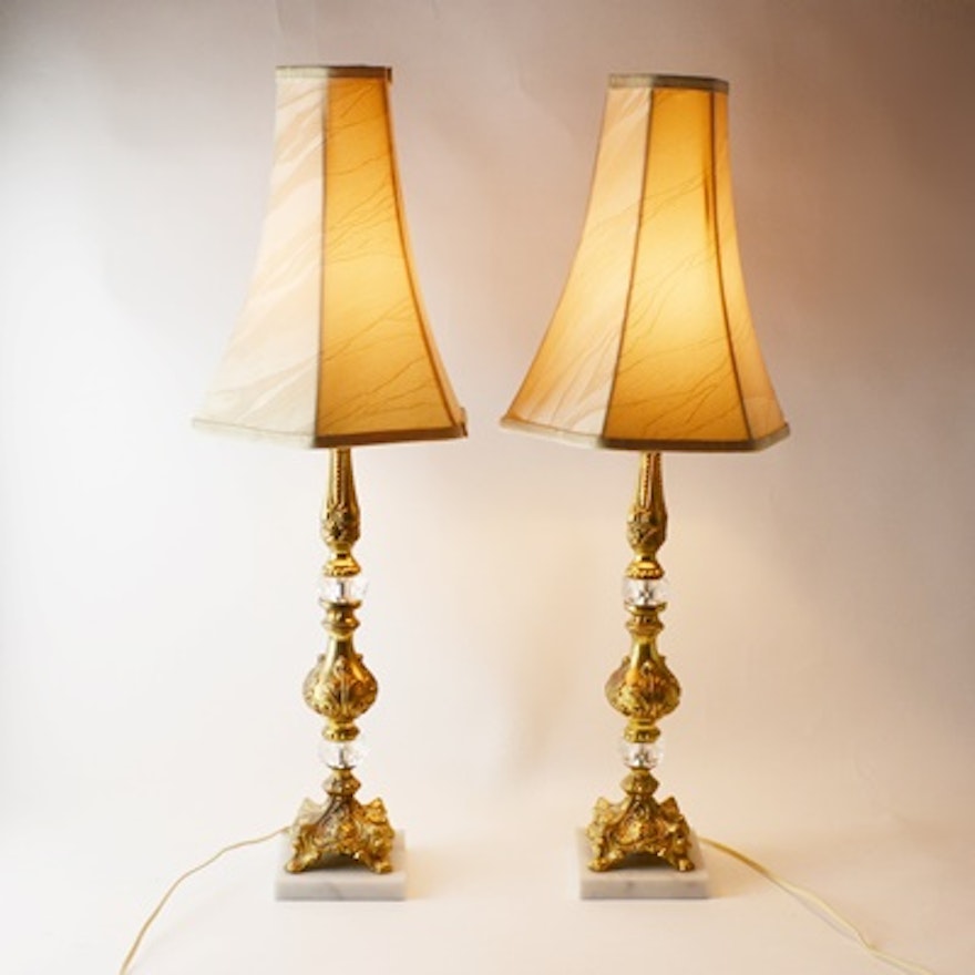 Italian Brass and Crystal Candlestick Table Lamps