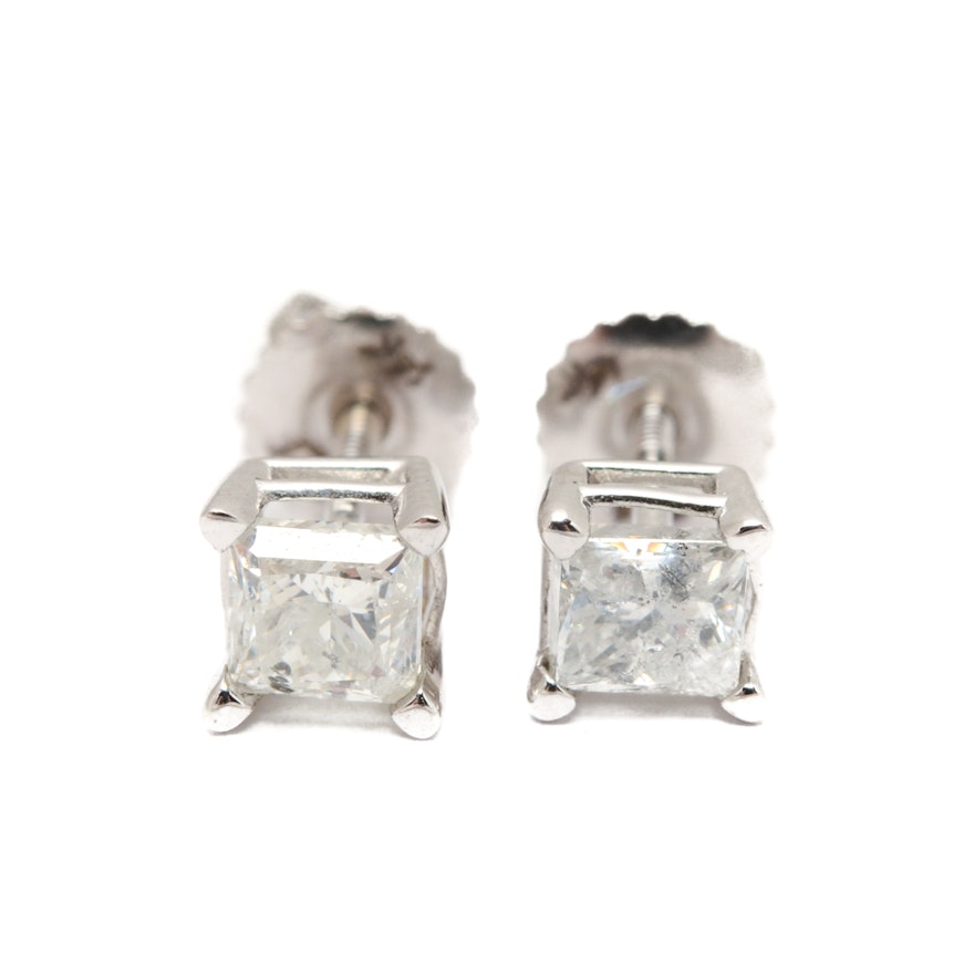Pair of 14K White Gold Princess-Cut Diamond Stud Earrings