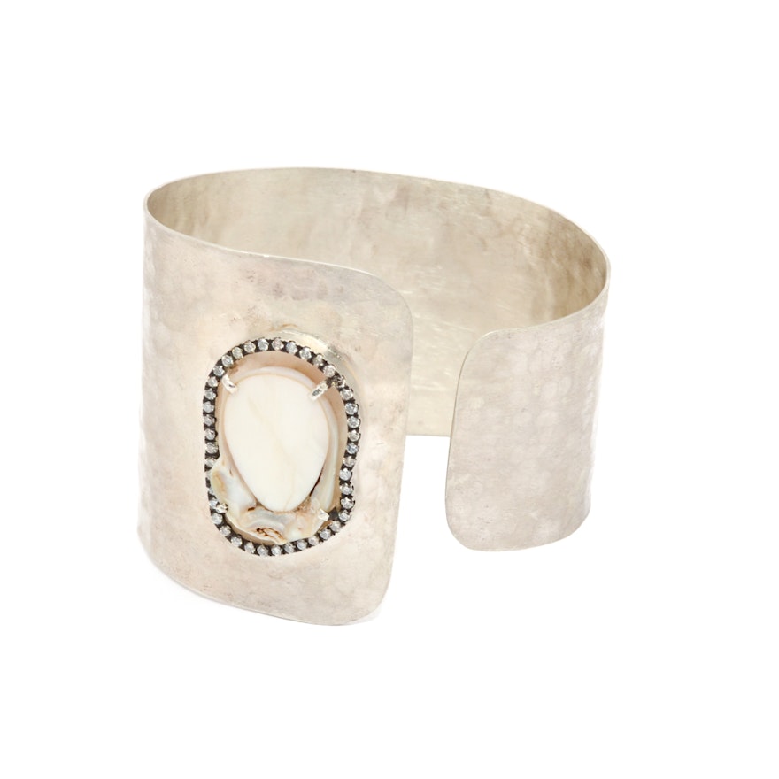 Jordan Alexander Sterling Silver "Slice" Mabe Pearl Diamond Cuff Bracelet