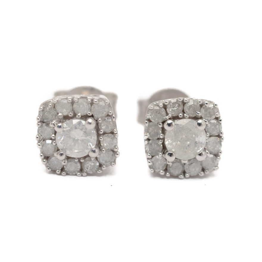 Pair of 10K White Gold Diamond Cluster Stud Earrings