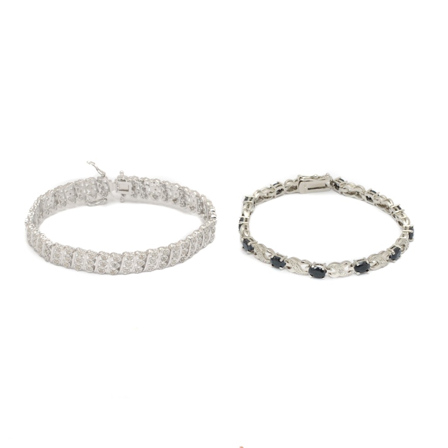 Sterling Silver Linked Bracelets with Diamonds and Natural Sapphires