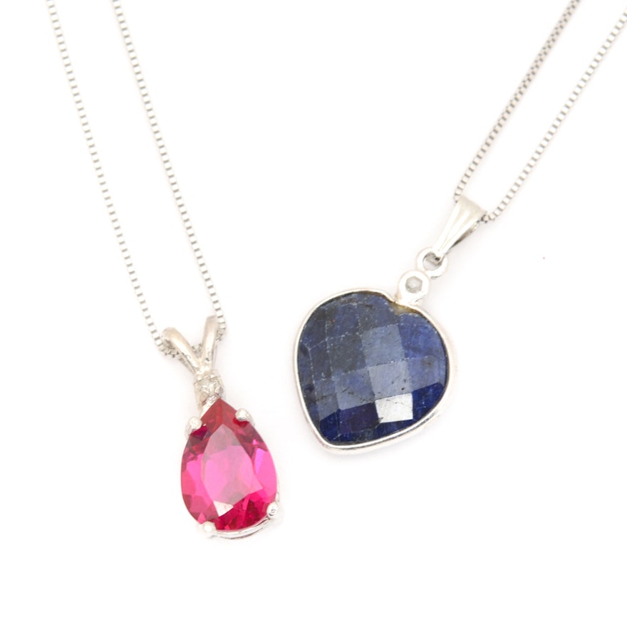 Two Sterling Silver Pendant Necklaces with Ruby, Diamond, and Lapis Lazuli