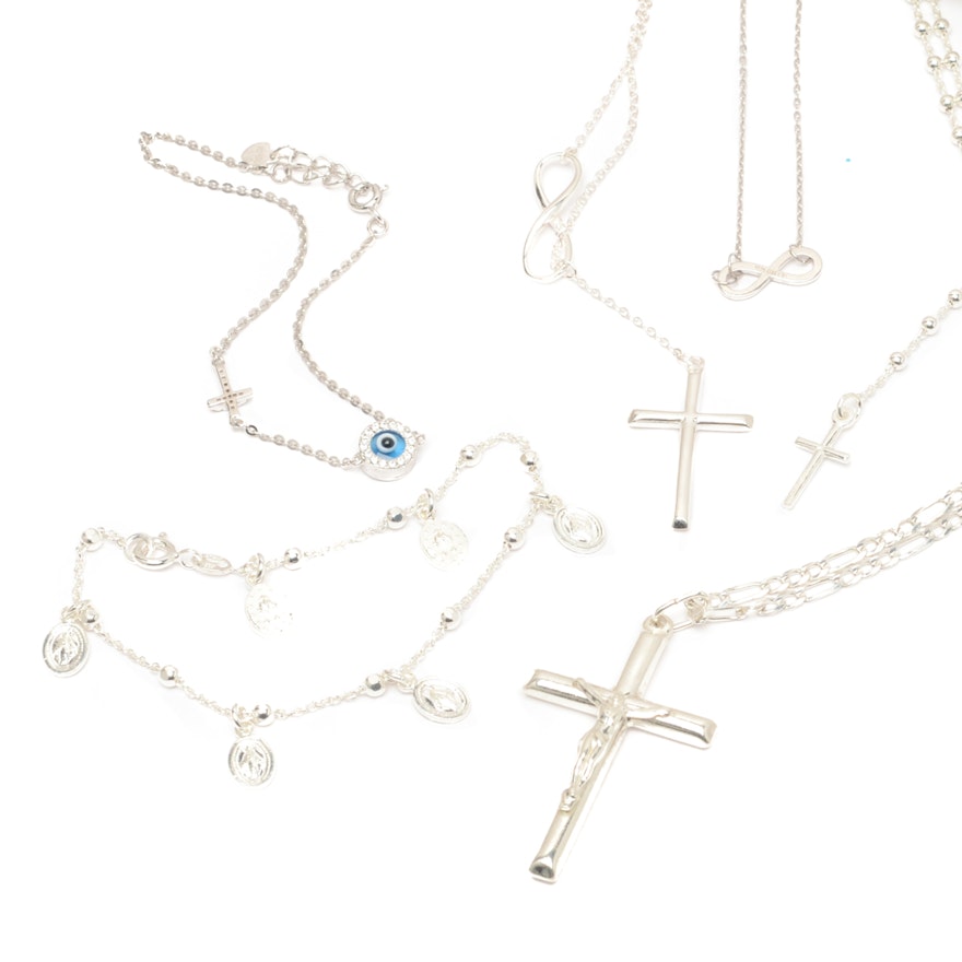 Assortment of Sterling Silver Jewelry with Religious Charms