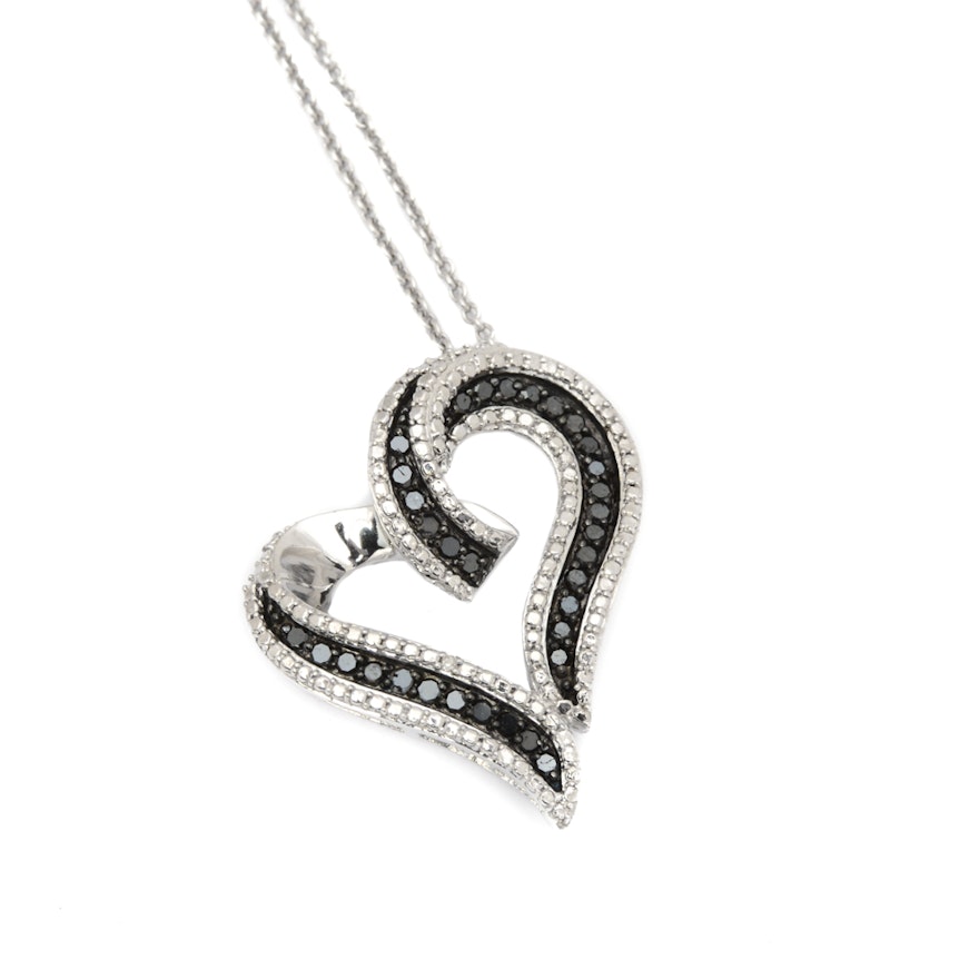 Sterling Silver Open Heart Black Diamond Pendant Necklace