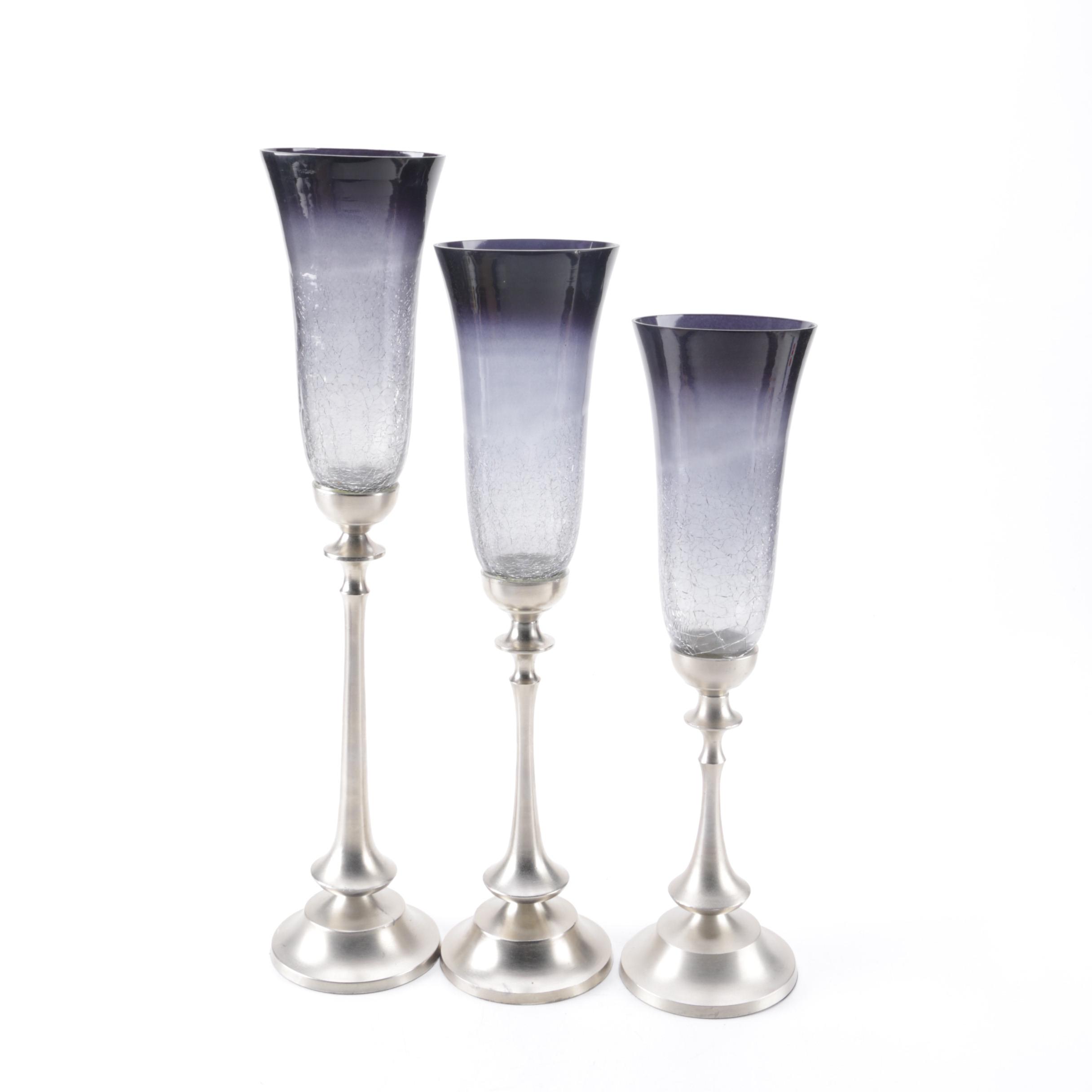 Blue Glass Hurricane Candle Holders