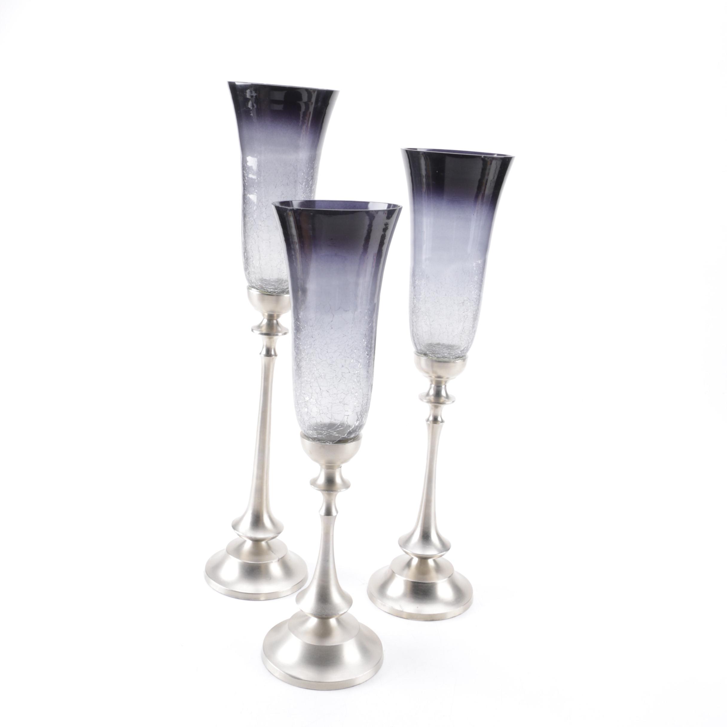 Blue Glass Hurricane Candle Holders
