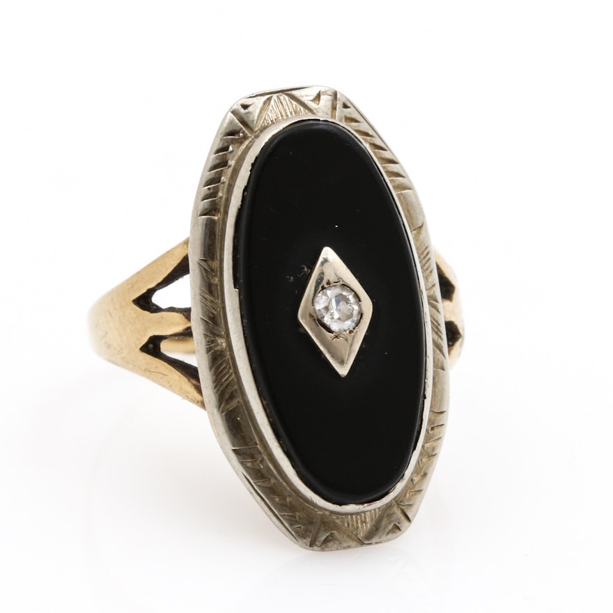 10K Two Tone Gold Black Onyx and Diamond Ring