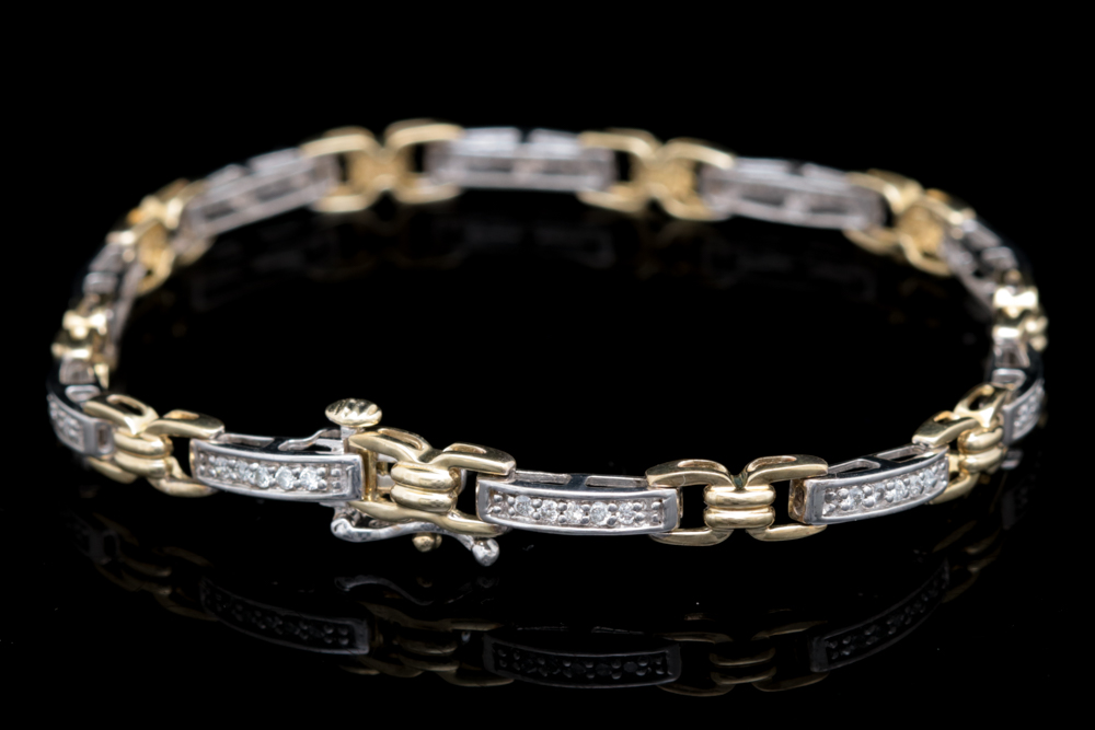 Sterling Silver, 10K Yellow Gold and Diamond Bracelet