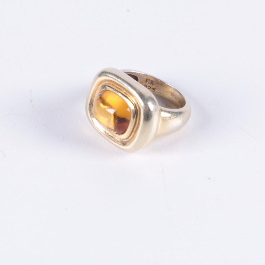 Modernist Gold Wash Over Sterling Silver and Citrine Solitaire Ring