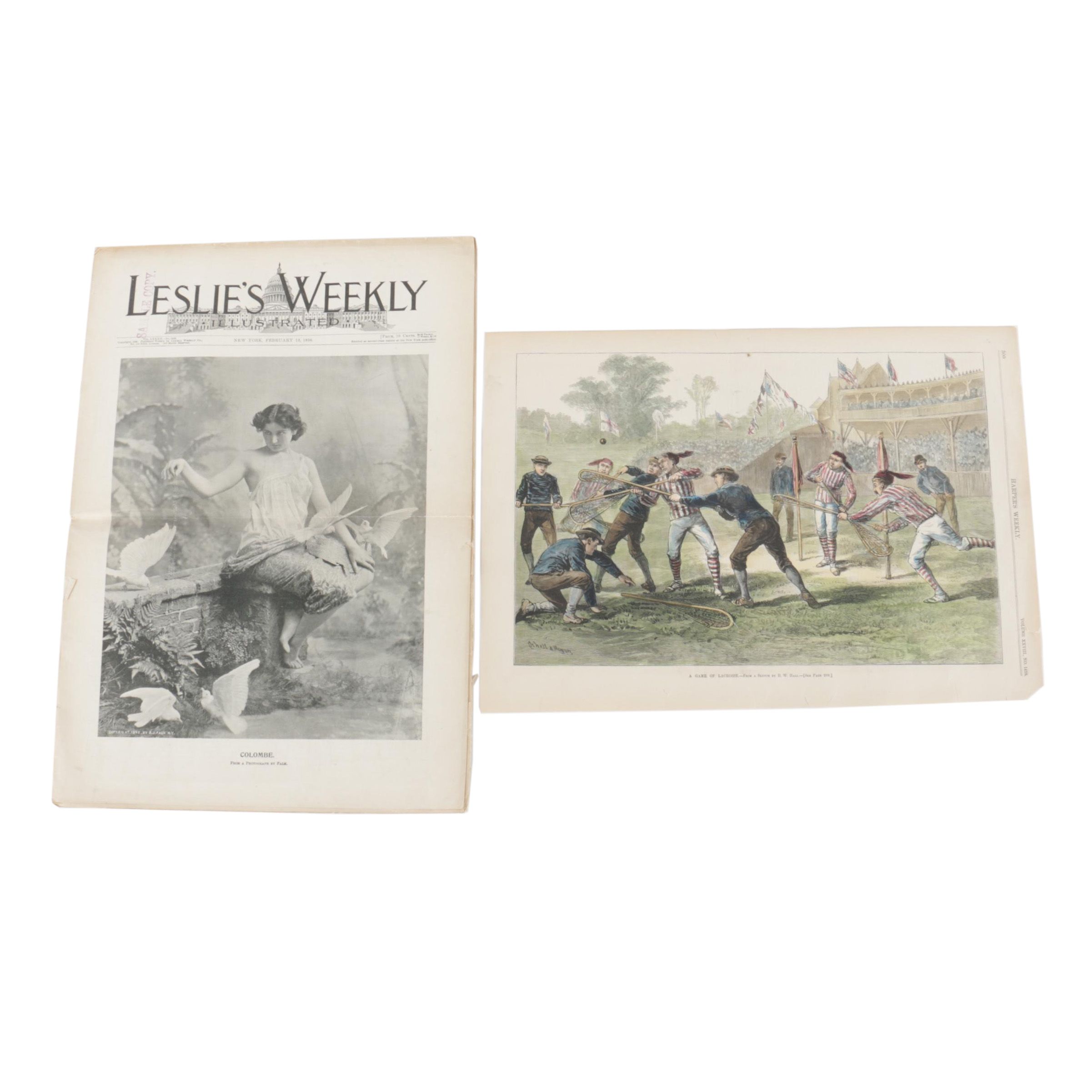 Hand Colored Harper's Weekly Wood Engraving and 1896 Leslie's Weekly Publication